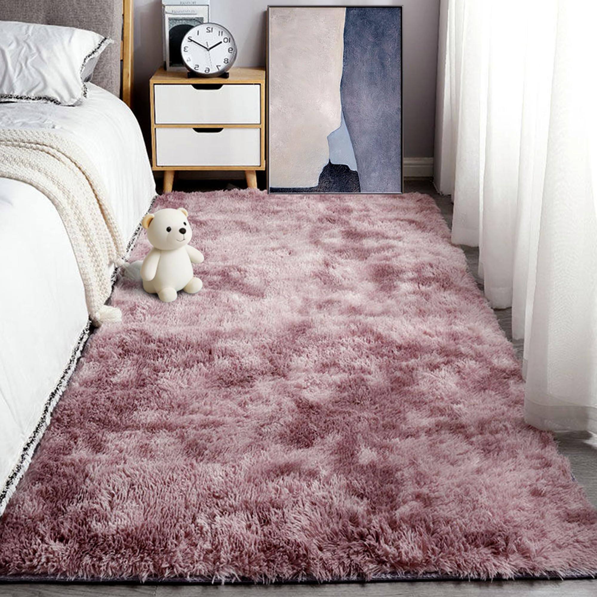 Grand tapis de salon 180x220 cm poil long rose pourpre doux et lavable rectangulaire
