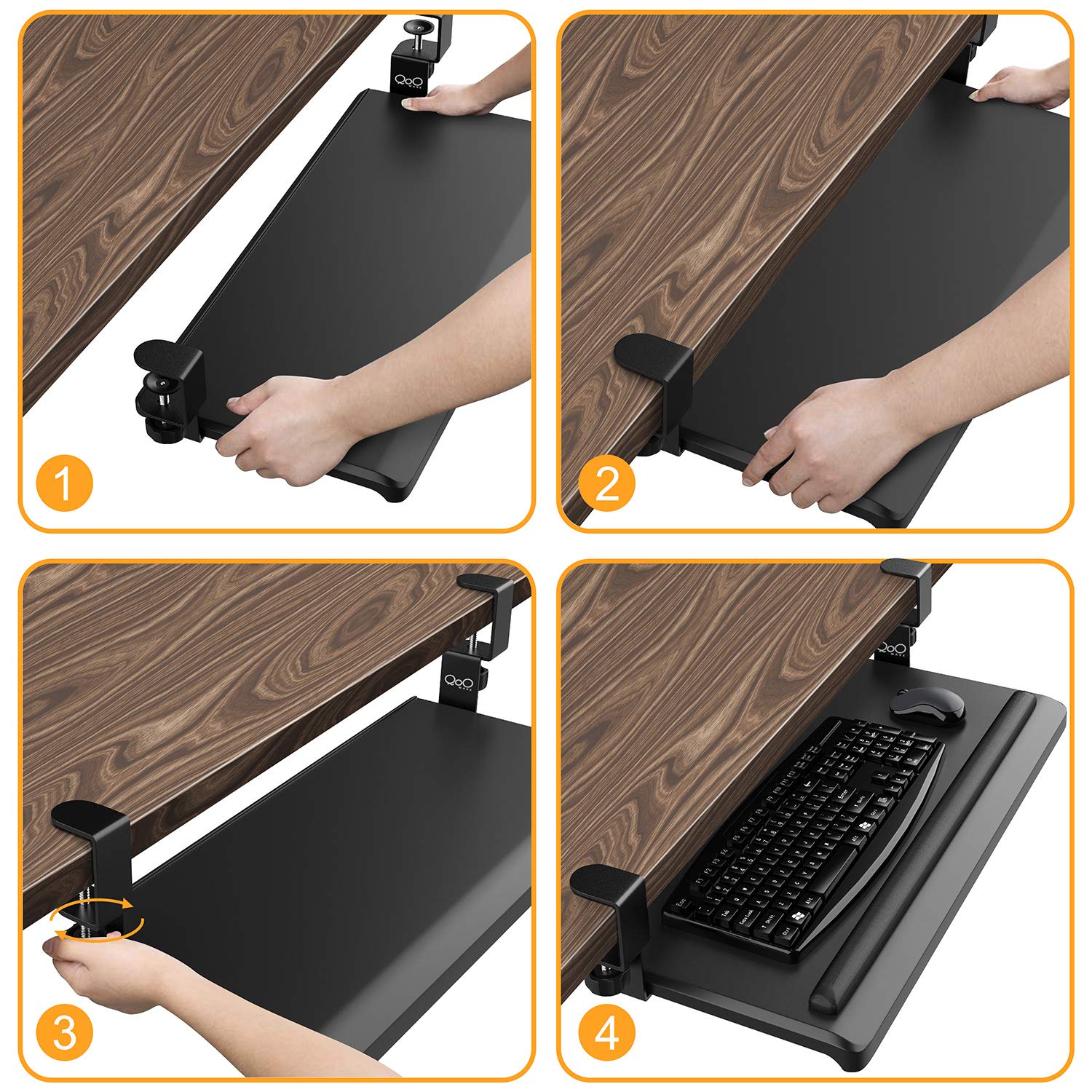 QooWare Keyboard Tray Under Desk 27.6 x 12.2 Rolling Computer Desk with Gel Wrist Rest, Plastic