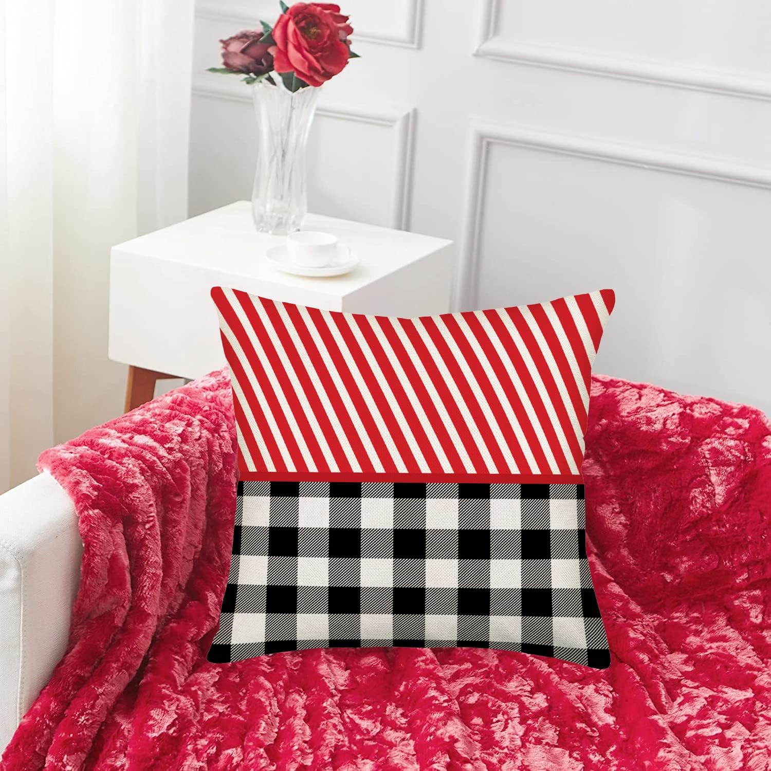 Happy Valentine’s Day I Love You Pillow Covers Set of 4 Red and Black Stripes Buffalo with Love Heart Home Sofa Bedroom Decor Throw Pillow Cases 20x20 Inch, Cotton Linen