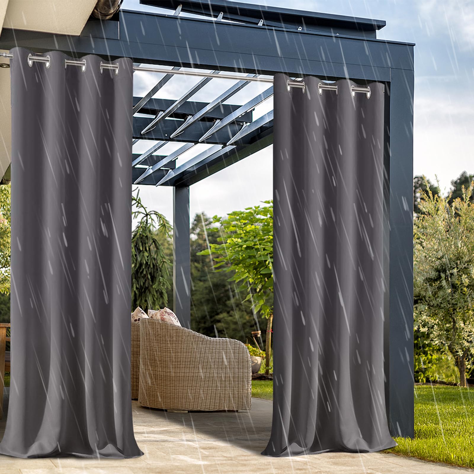 Rideaux d'extérieur pour Patio Voile Imperméable Rideau pour Gazebo Avant Porche Pergola Oeillet Top Fenêtre Rideaux Jardin Décor Gris[2PCS | 317.5cm x 165.1cm (W x L)]