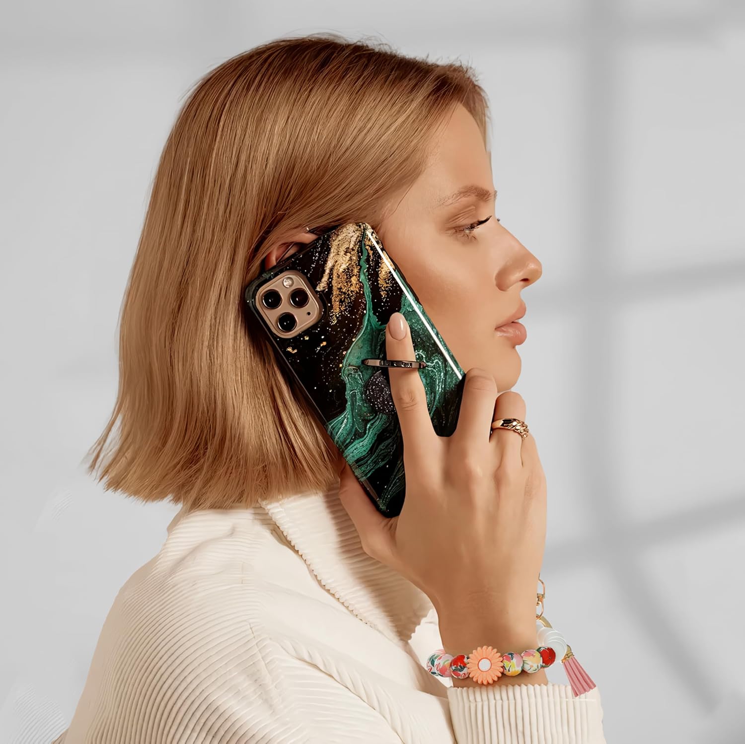 Silicone Beaded Phone Wrist Strap, Phone Bracelet Wristlet with Tether Tab, Hands-Free Wristlet for iPhone (Pink Daisy) - Image 2