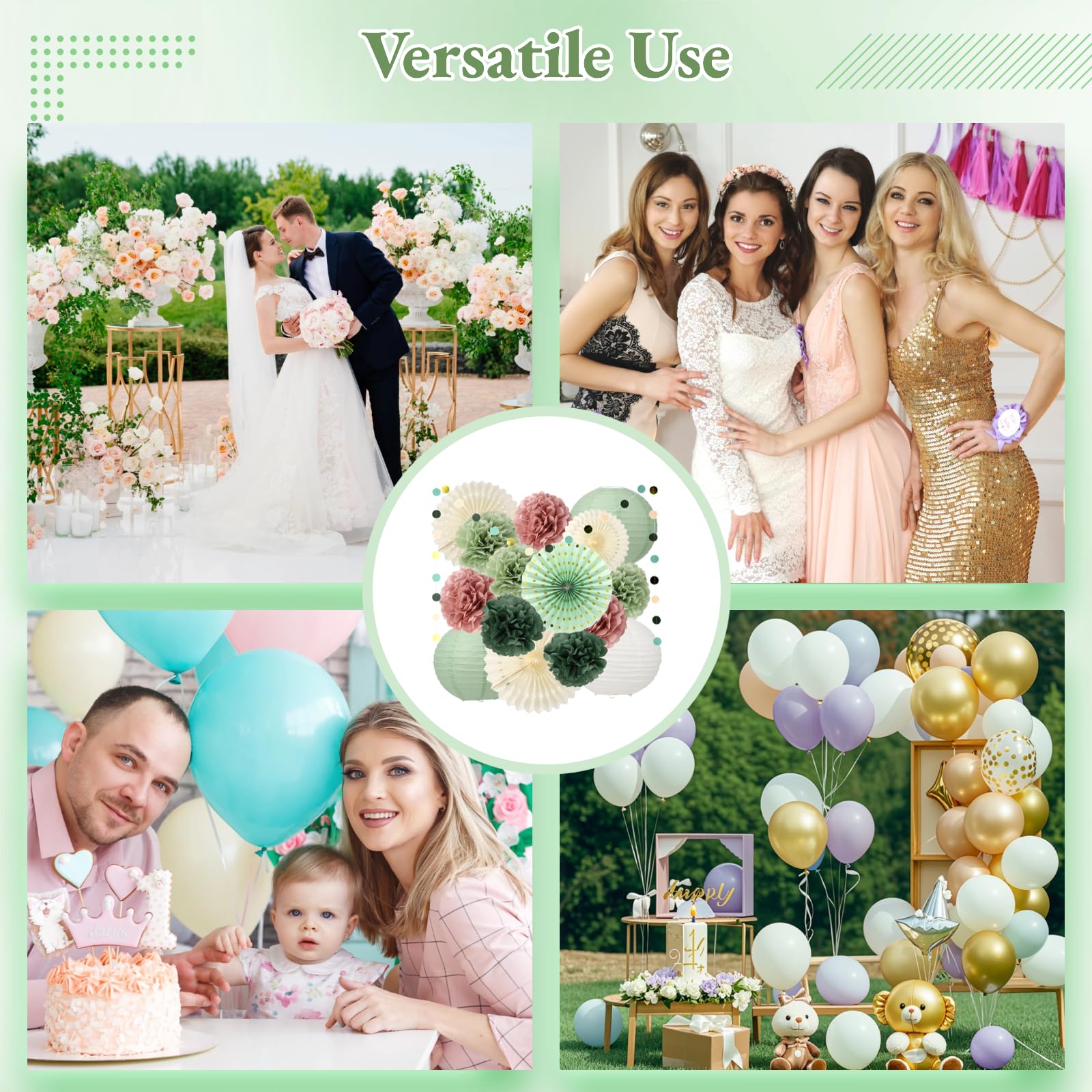 Party Deko Set in Salbeigrün und Altrosa, Papierlaternen, Hängefächer, Papierpompons und Girlande, für Geburtstag, Brautparty, Feiern und Hochzeit, für Frauen und Mädchen