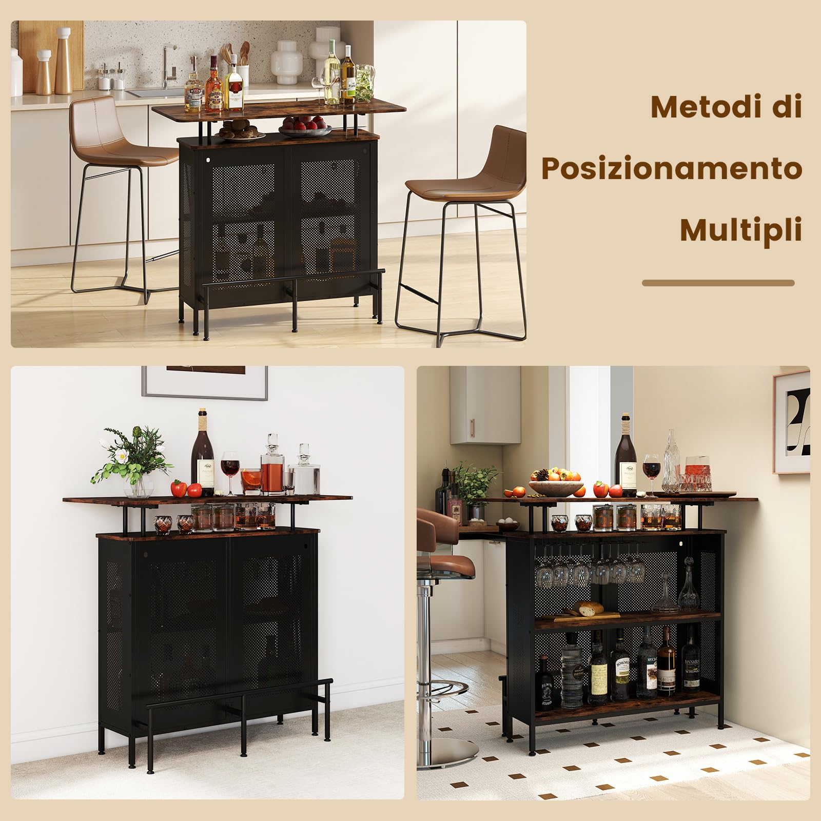 COSTWAY Mobile Portabottiglie a 4 Livelli, Portabottiglie per Vino da Terra con 2 Ripiani Porta Vini e Porta Calici, per Cantine, Sala da pranzo e Cucina (Naturale, 120 x 50 x 106,5 cm)