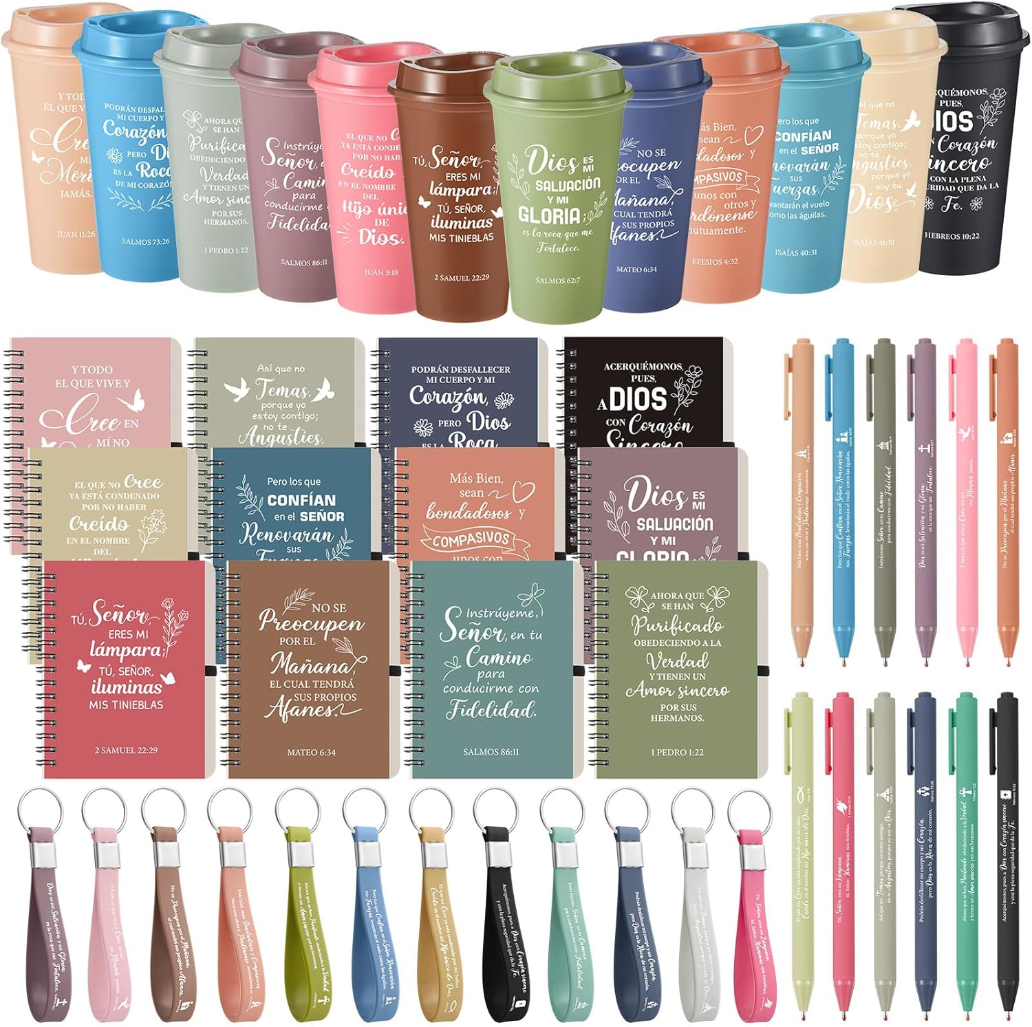 Skylety 12 Set/48 Pcs Christian Gifts Regalos Cristianos En Español Regalos Include Cristianos Bible 16 oz Coffee Cup Pen Notebook Silicone Key Chain for Church Women Mothers Day Gifts(Morandi Color)