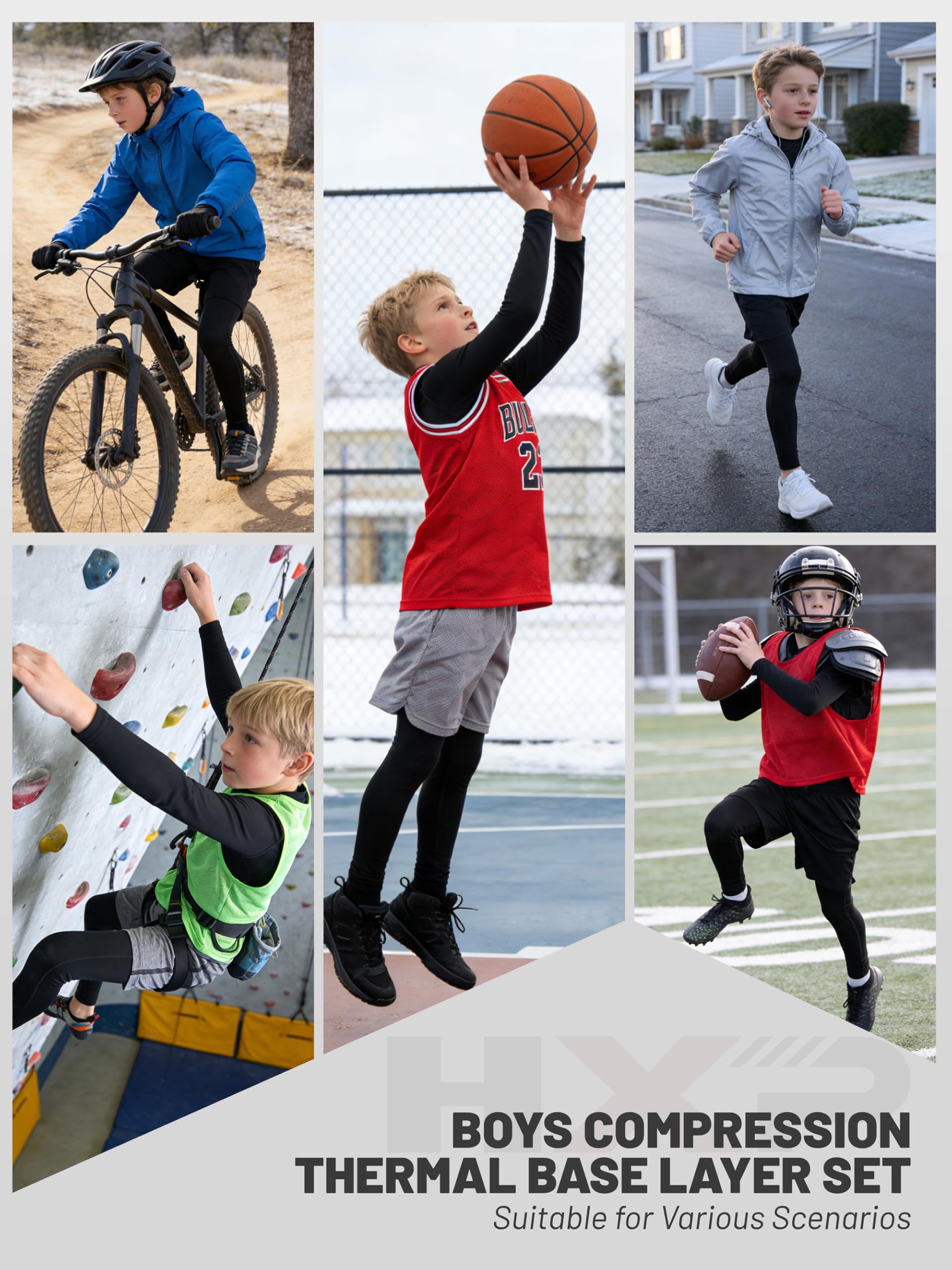 HXP Boys Compression Thermal Base Layer Set, Athletic Youth Fleece Lined Long Sleeve Sports Tops Leggings for Kids - 5