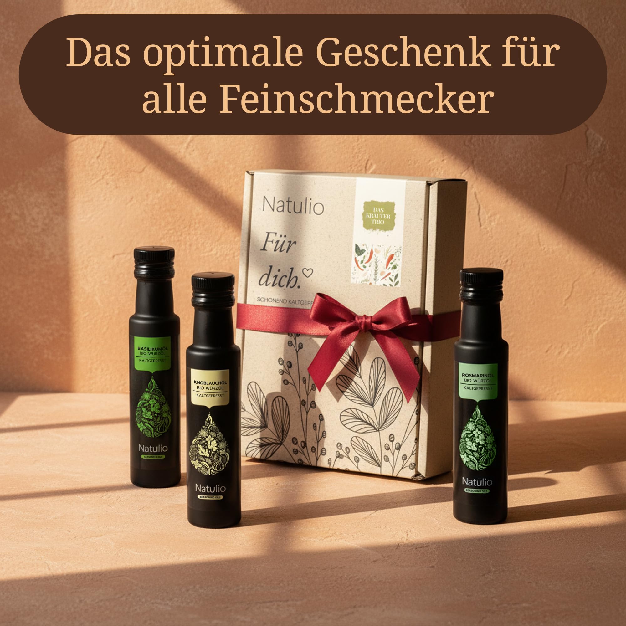 Natulio Geschenkset Bio Kräuter Trio kaltgepresst - Geschenkidee - das perfekte Geschenk für alle Feinschmecker - Geschenkset aus Basilikumöl, Knoblauchöl & Rosmarinöl - 3x100ml -DE-ÖKO-006