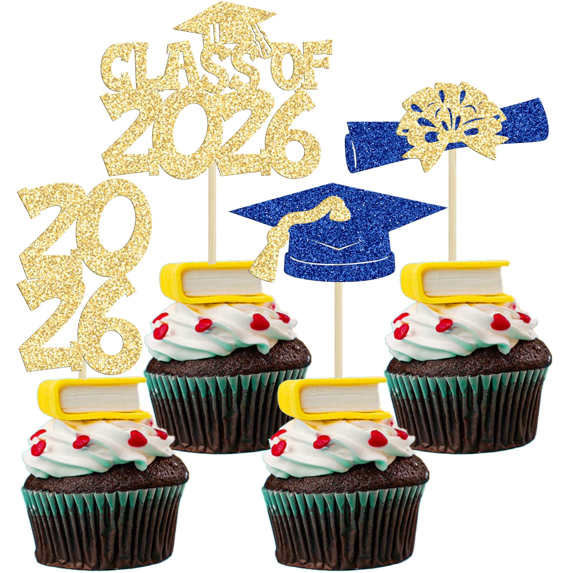 Ephlyn 36Pcs 2026 Graduation Theme Cupcake Toppers Glitter Class of 2026 Congrats Grad Diploma Graduation Cap Cupcake Picks for 2026 Graduation Theme Party Cake Decorations Supplies Gold Blue