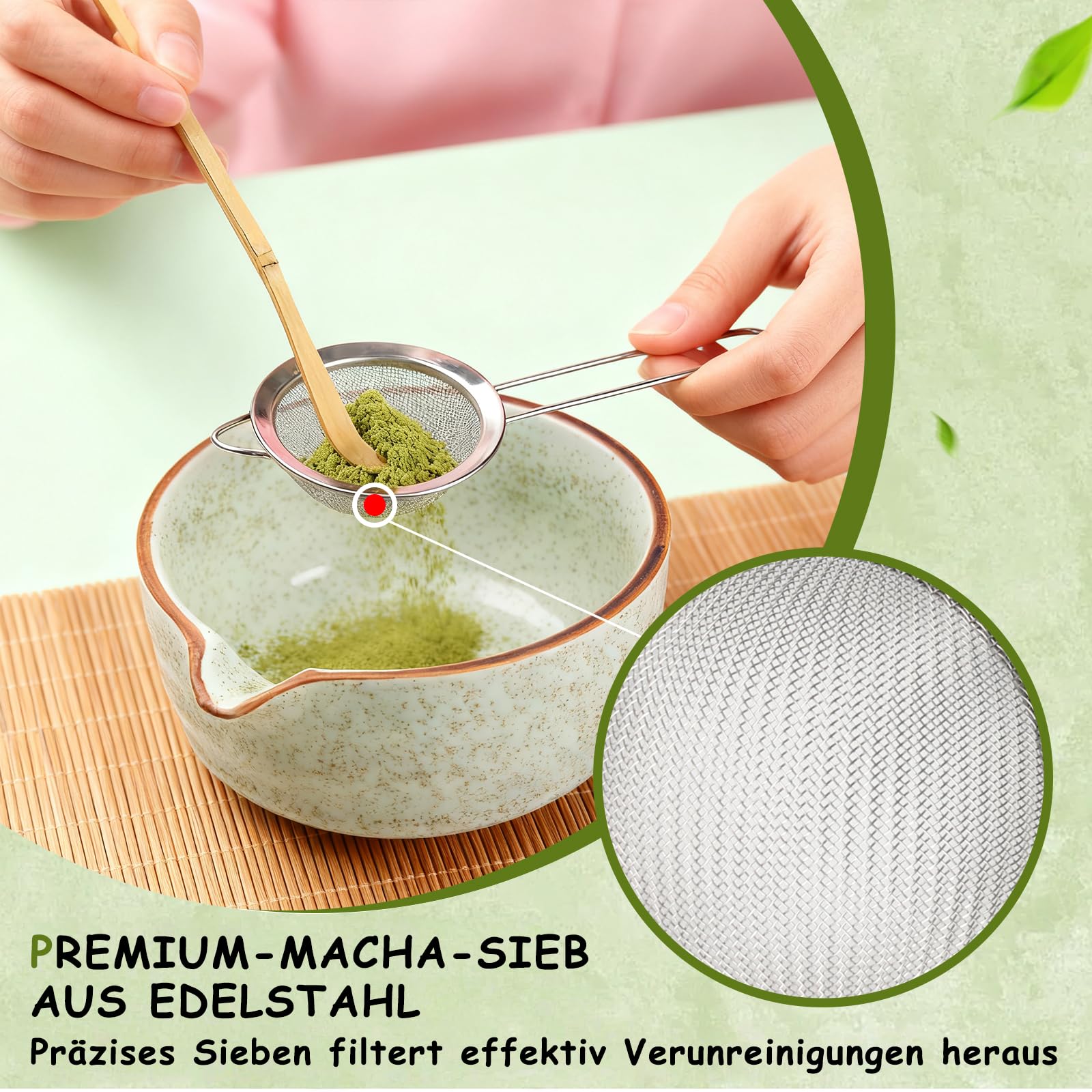 WERTIOO Matcha Set 8 Stück mit Handbuch - Matcha Tee Set, inkl. Keramik Matcha Schale, Schneebesenständer, Matcha besen, Matcha Sieb, Bambuslöffel, Perfektes Teegeschenk für Matcha Liebhaber (Grün)