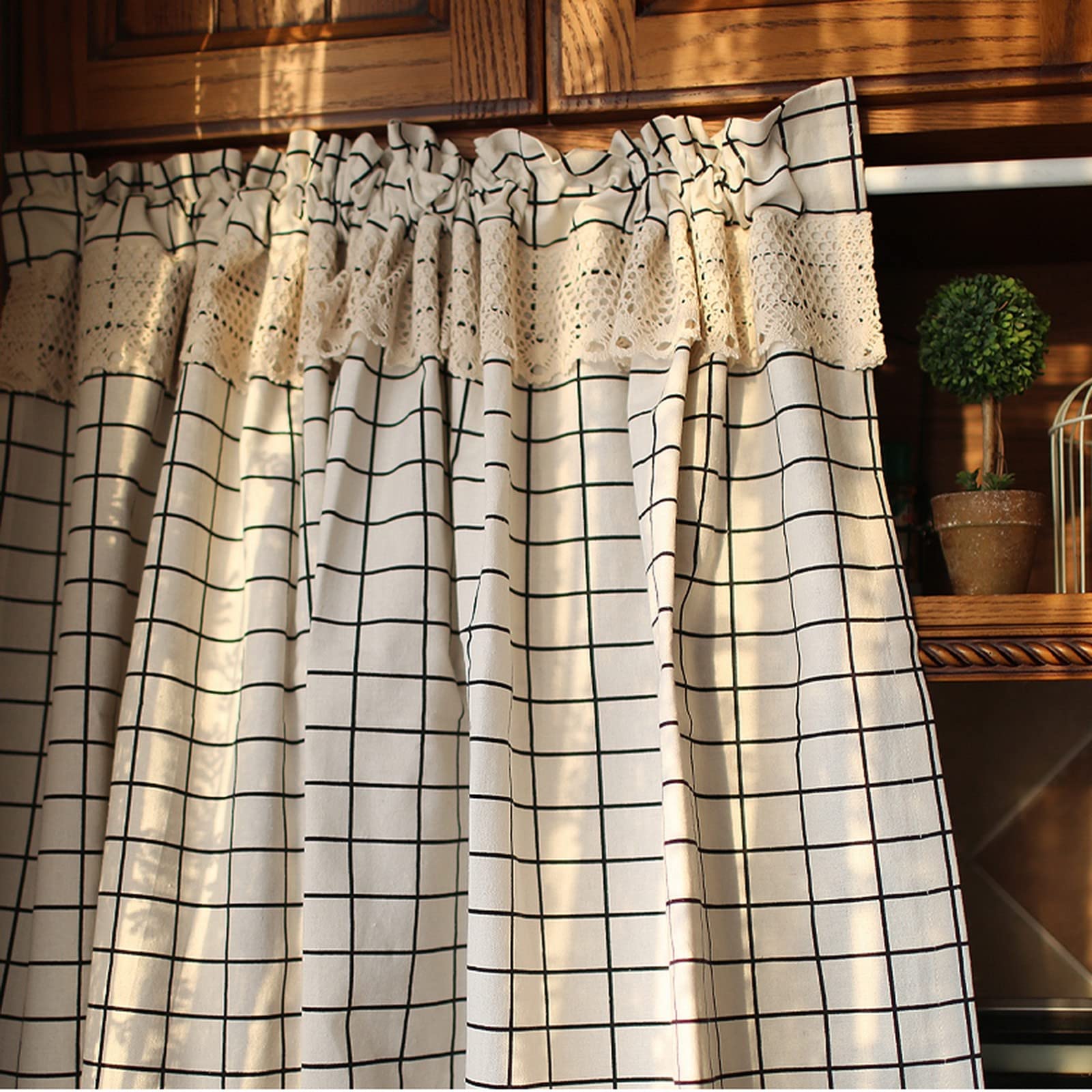 A.Monamour Gardine Scheibengardinen Kurzstores Landhausstil Baumwolle Leinen Spitze Schwarz Weiß Kariert Blickdicht Kurzvorhang Kurzgardinen Küche Vorhang Fenster Kurz Stores Bistrogardine