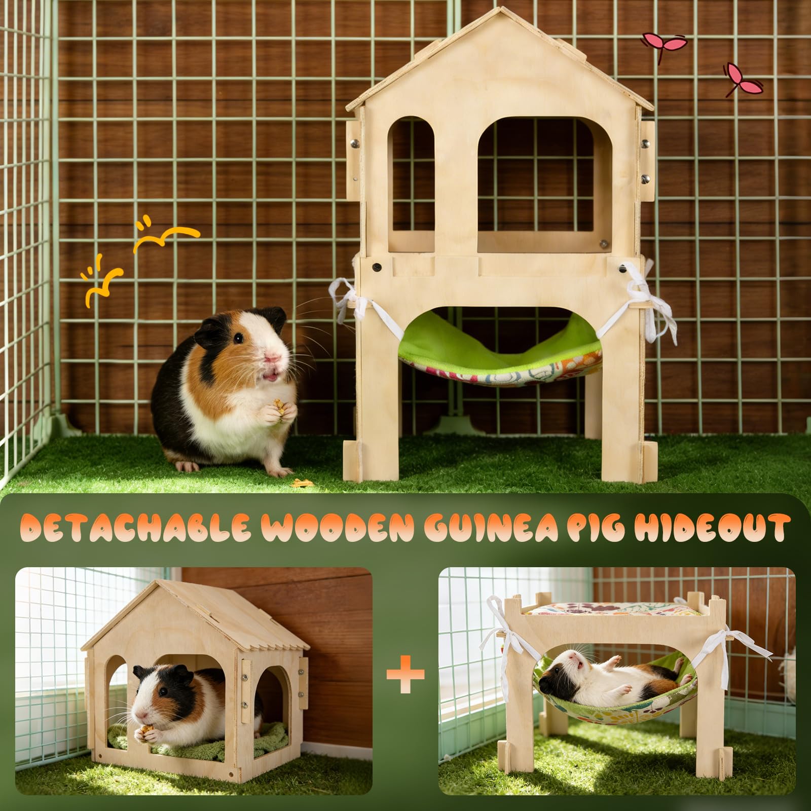 Casa per porcellino d'india in legno 3 in 1 con rampa, amaca e piattaforma | Accessori per porcellini d'india su 2 livelli per gabbie, meerschweinchen zubehoer con tessili lavabili