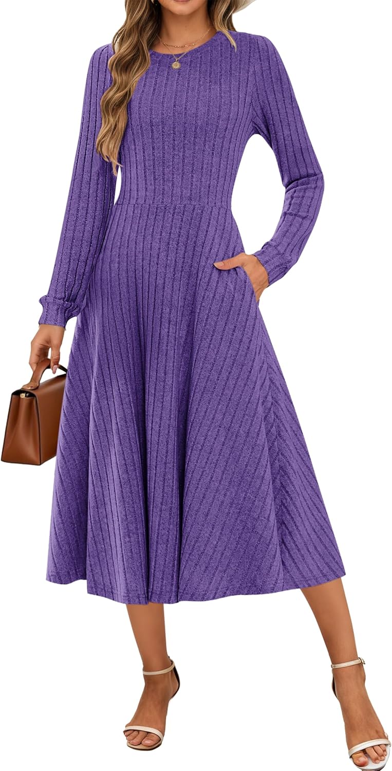 MOLERANI Womens 2025 Fall Ribbed Knit Long Sleeve Dress Midi Crewneck Lightweight Dresses with Pockets Work Vacation,Purple,L