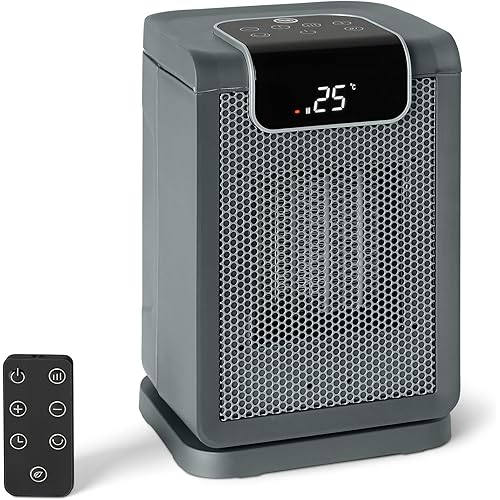 Amazon Basics Space Heater for Indoor Use with PTC Ceramic Technology, 1500W, Remote Control, 70° Oscillation, 10-inch, Grey