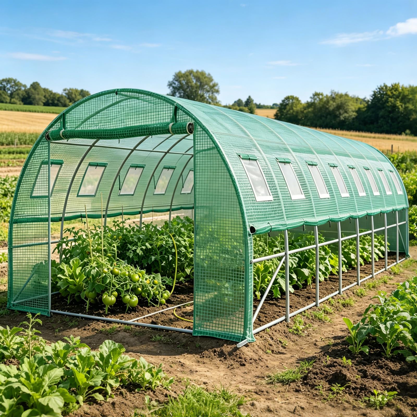 Gewächshaus 3x8x2m(24 m²), Groß Foliengewächshaus mit verzinktem Stahlrahmen, Folientunnel Tomatenhaus Treibhaus mit 16 Fenstern Frostwächter Winterfest Stabil für Garten Balkon, Grün