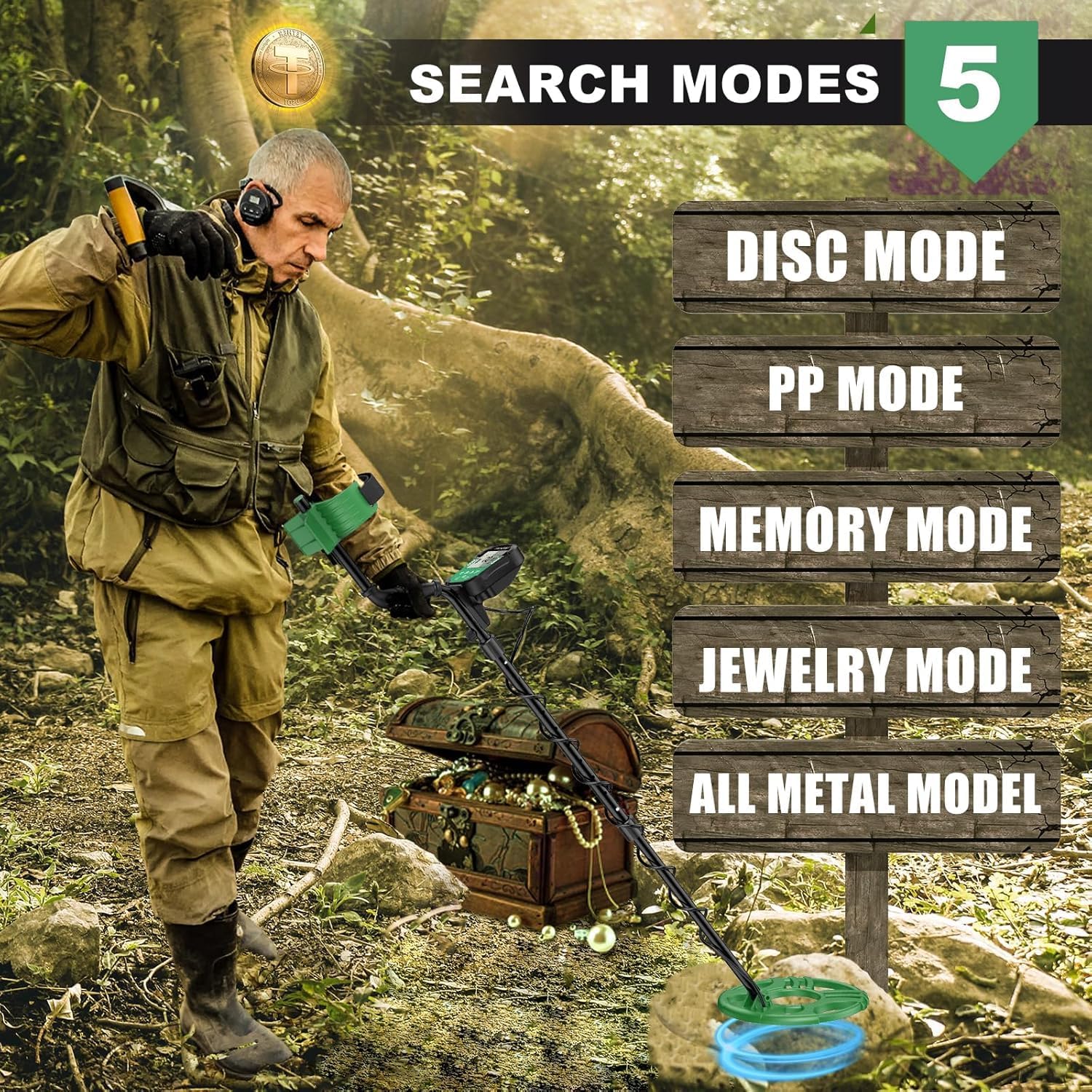 Diagram illustrating the five search modes: Disc Mode, PP Mode, Memory Mode, Jewelry Mode, and All Metal Mode.