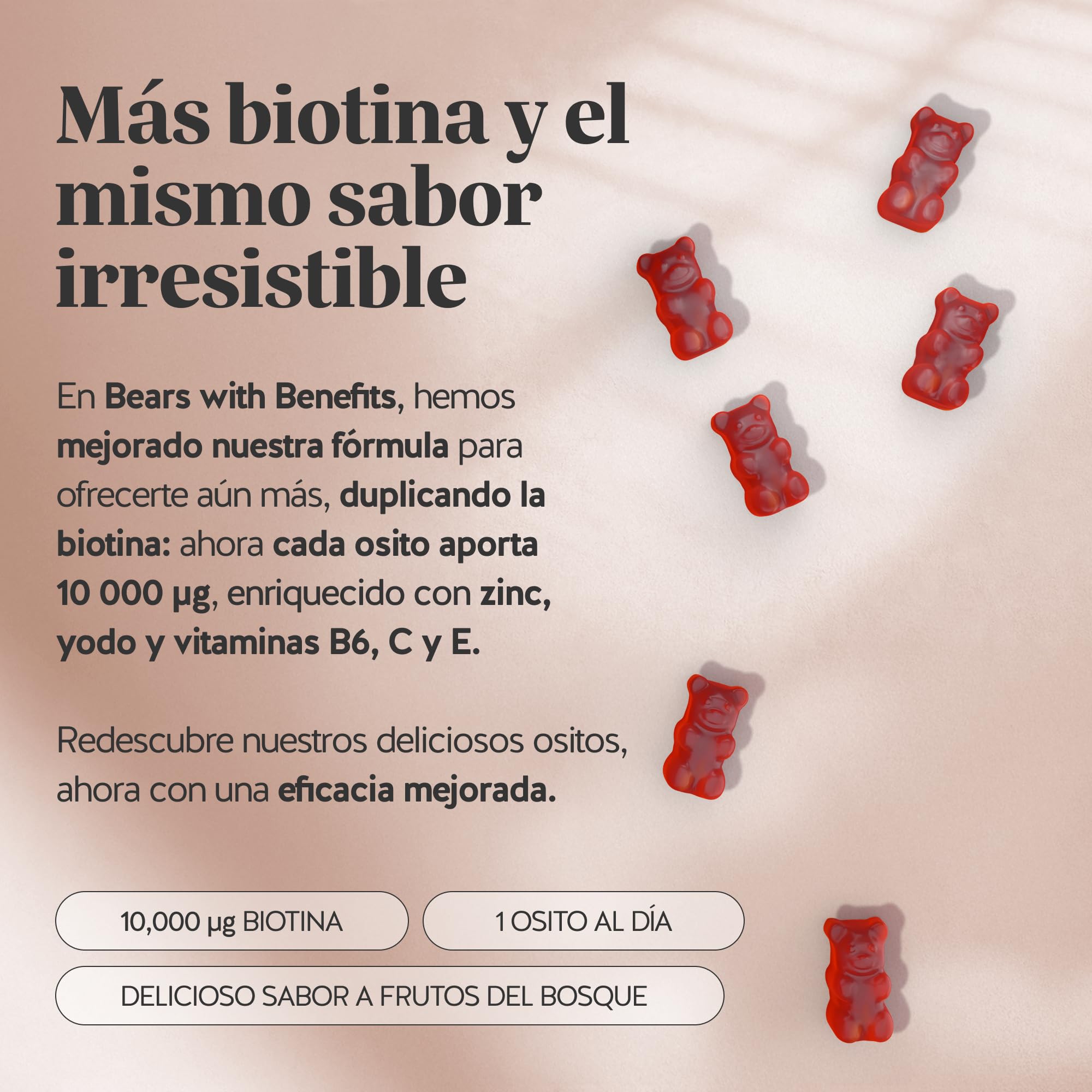 Gominolas Biotina Ah-mazing Hair Vitamin – Para el cabello, uñas y piel - 10.000 µg de Biotina, Zinc, Vitaminas B6, C, E e Yodo – 90 Unidades (3 meses), Vegana - Bears with Benefits