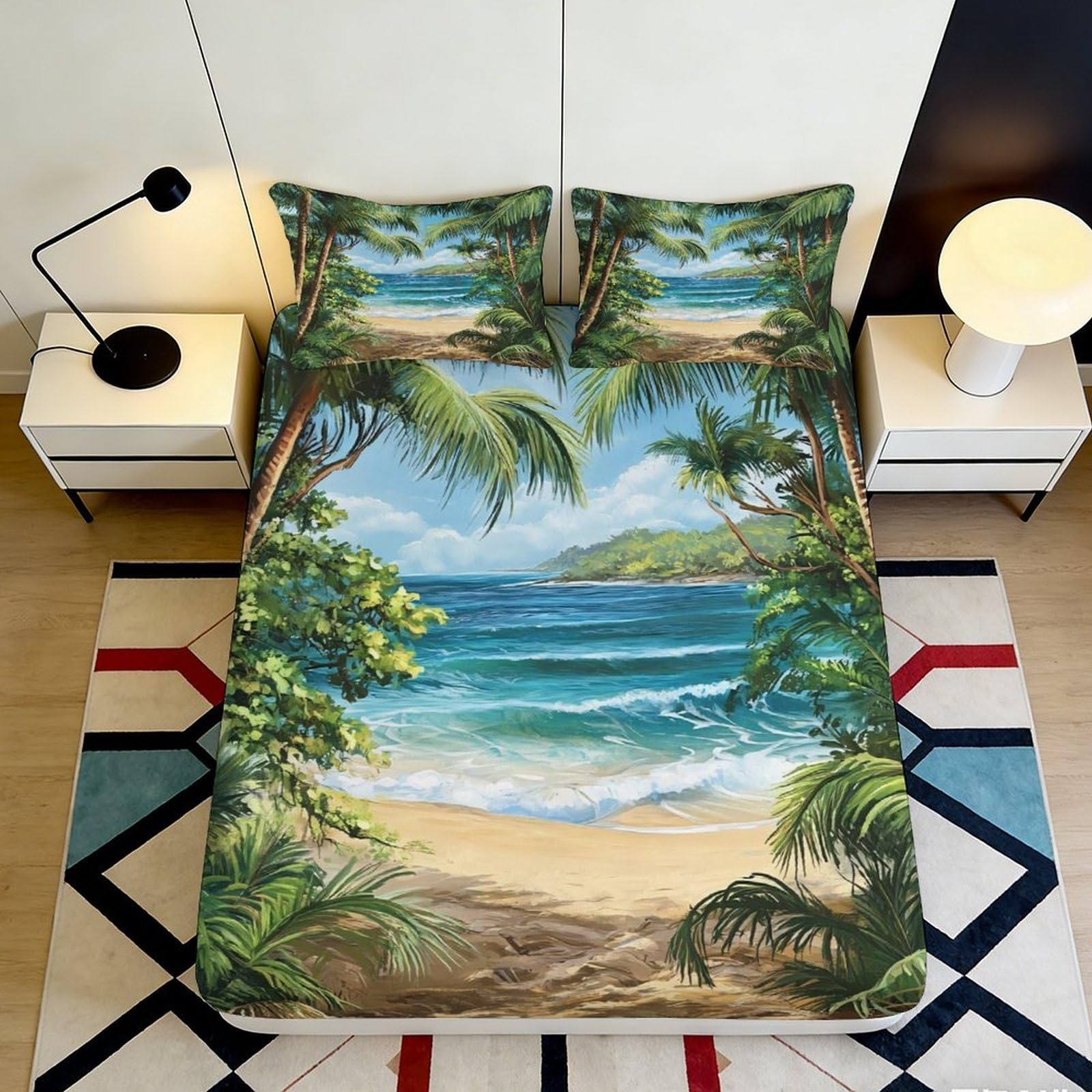 Pnayamiorkfel Style-2 3D Printed Tropical Beach Fitted Sheet Microfiber Soft Scenic Ocean View Mattress Cover For Bedroom Guest Room 90X200x25cm