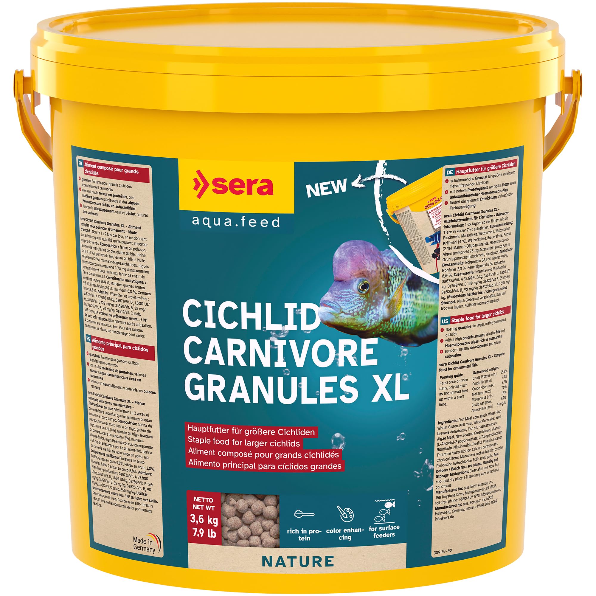 sera Cichlid Carnivore Granules XL 10 L (3,6 kg) | Aliment Composé pour Grands Cichlidés Carnivores et Omnivores | sans Colorants ni Conservateurs | Granulés Flottants avec Oméga et Astaxanthine