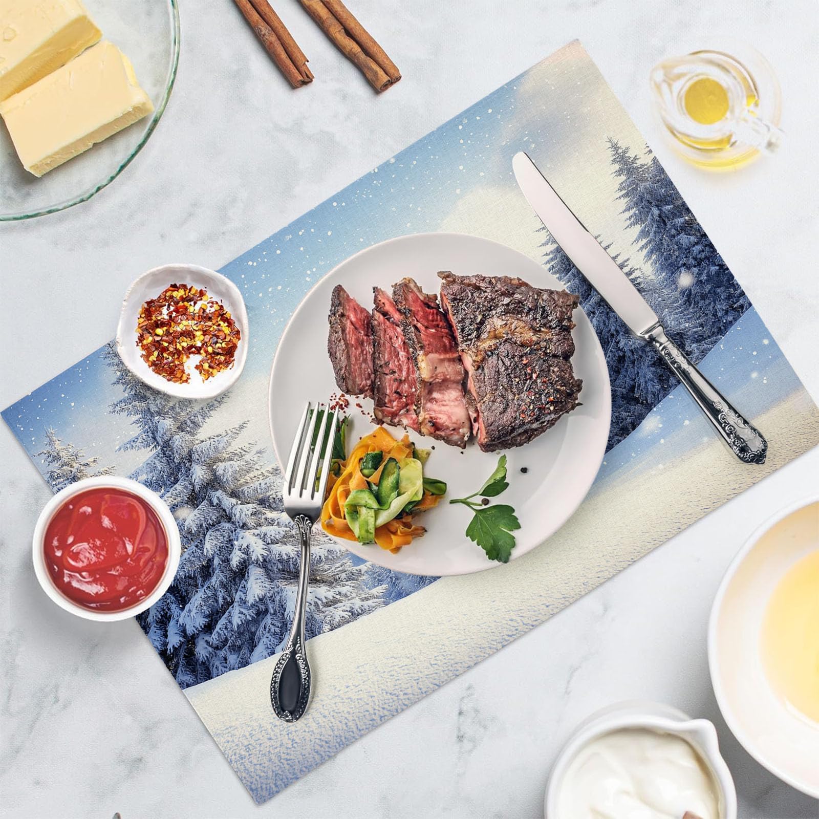 8 Tovagliette Colazione Stoffa 45 x 30 cm,Neve Montagne Tovagliette Americane Lavabili, Placemats Naturalmente La Pineta per Primavera Vacanze Cucina Feste, Pasqua