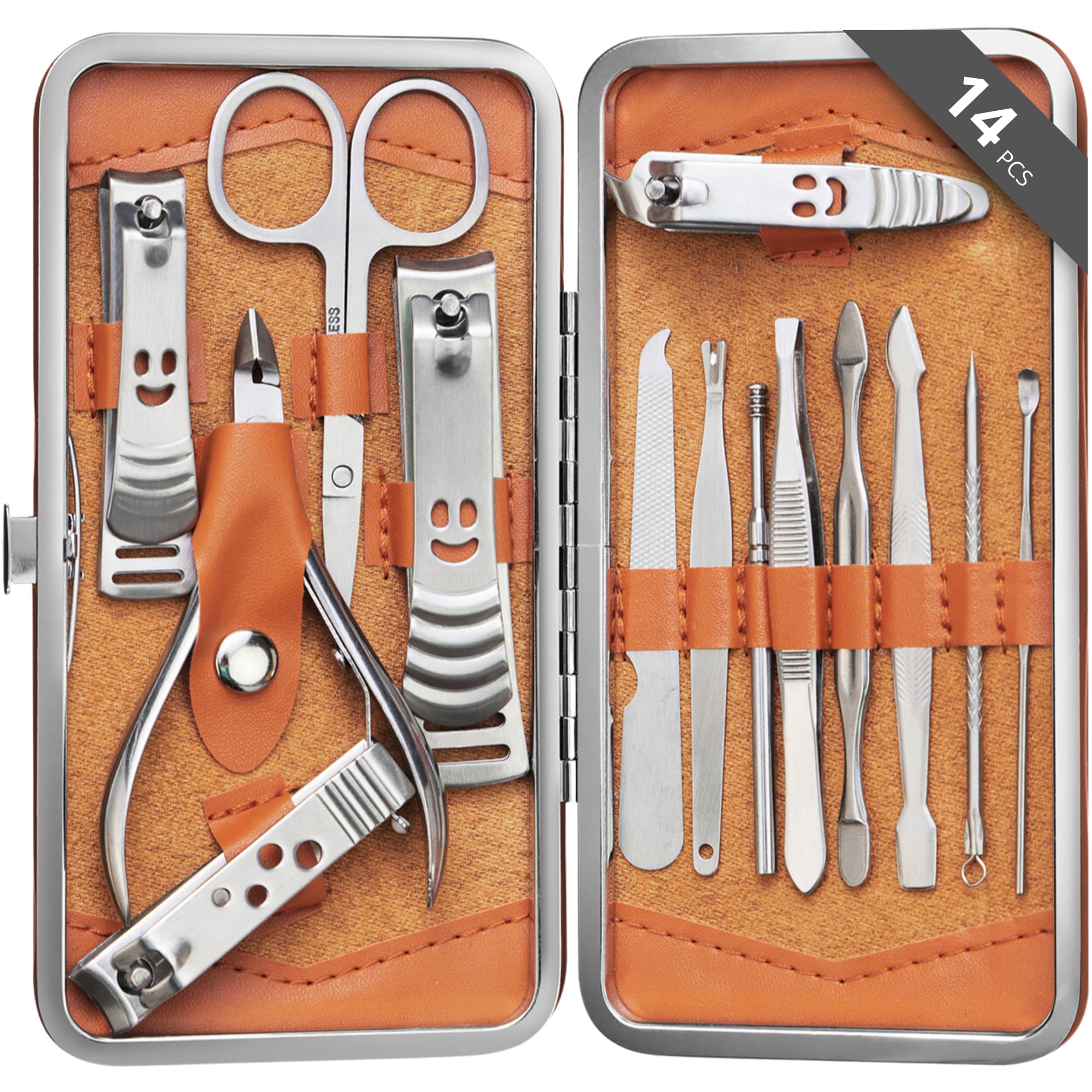 H&S Manicure Set for Women & Men - Manicure & Pedicure Tools & Accessories - 14 pcs - Stainless Steel Nail Clippers Set & Cuticle Remover - Cutter Trimming Grooming Tools - w/Leather Case - Nail Kit