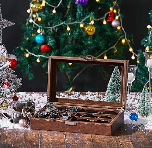 Miniatura 2 de BEWISHOME Caja de reloj con 6 ranuras y caja de gafas de sol de 3 ranuras para hombres, almacenamiento de lentes de sol con tapa de vidrio grande,