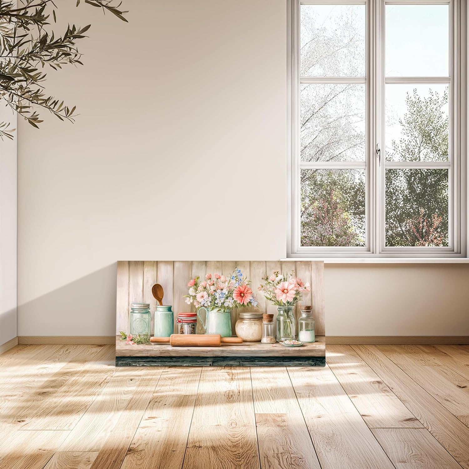 SLYCAY Large Vintage Kitchen Wall Art Prints, Rustic Farmhouse Floral Wall Decor Country Kitchenware Jars Flowers Canvas Pictures Still Life Landscape Painting Restaurant Dining Room 20"X40"