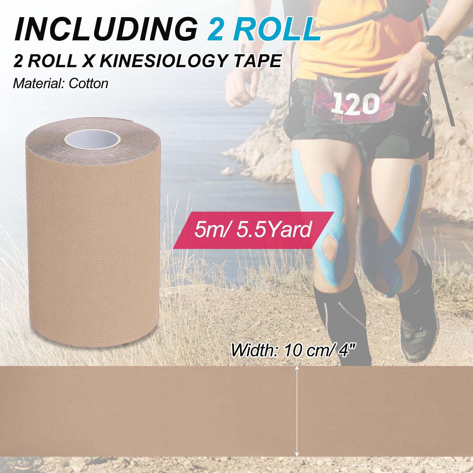 PATIKIL 5M x 10cm Nastro Kinesiologico, 2 Rotoli Nastri Adesivi Cotone Sportivi Per Supporto Muscolare Nastri Elastici Impermeabili Per Ginocchio Caviglia, Chiara