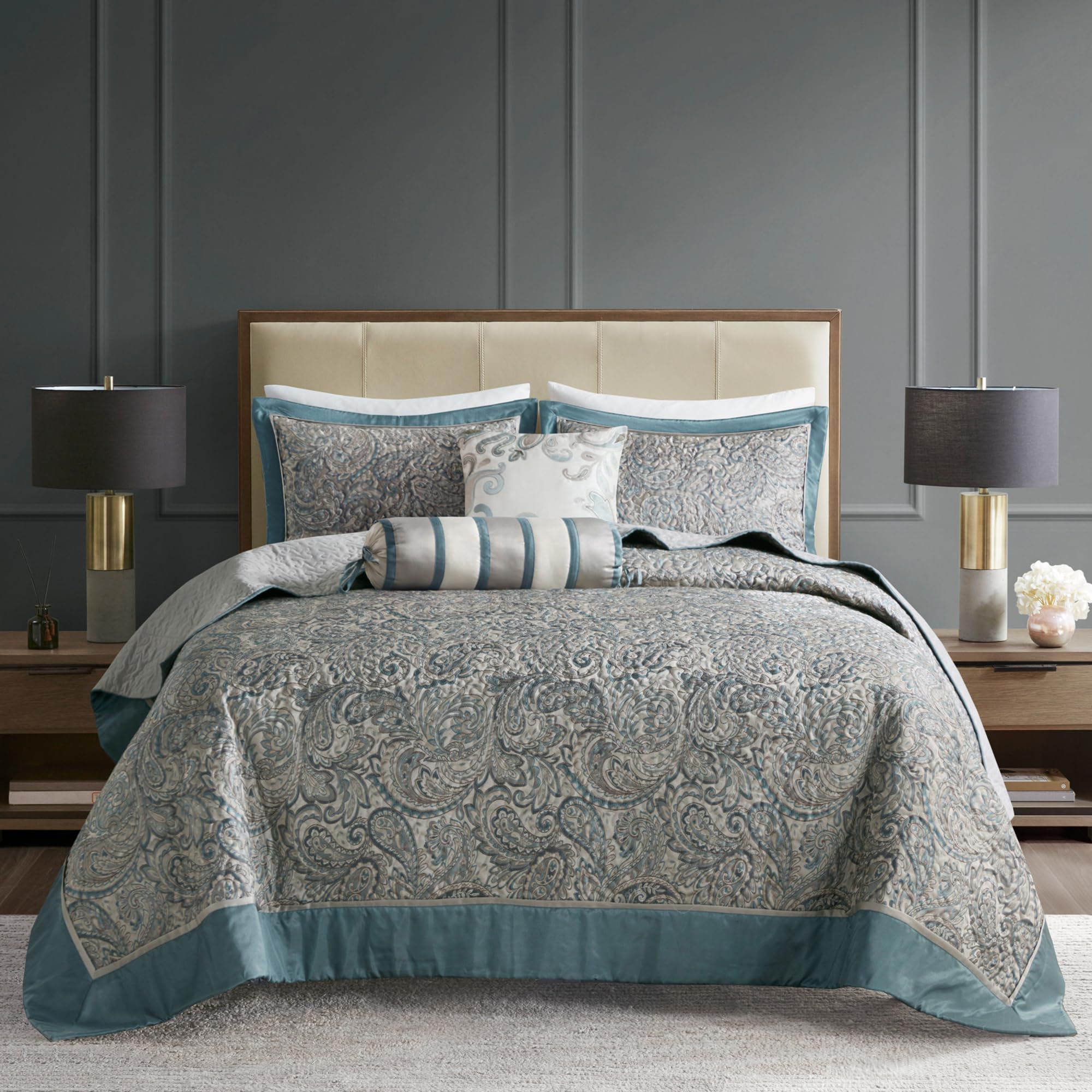 Madison Park Aubrey Reversible Quilted Bedspread Set, Solid Reverse Summer Breathable, Lightweight All Season Bedding Layer, Matching Shams, Bedspread Queen(102"x118") Teal 5 Piece