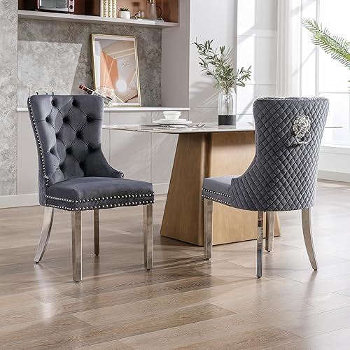 Miniatura 2 de Homedraft Nikki Collection - Juego de 2 sillas de comedor de terciopelo con patas acrílicas y anillo de tracción, silla auxiliar de lujo con ribete