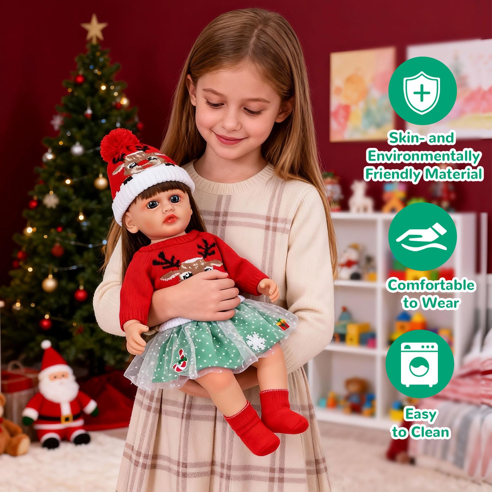 Baby Doll Clothes for 20-22 Inch Baby Doll, 4 Pcs Cute Dolls Clothes Outfit, Christmas Elements Sweater, Hat, Skirt, Socks - Image 4