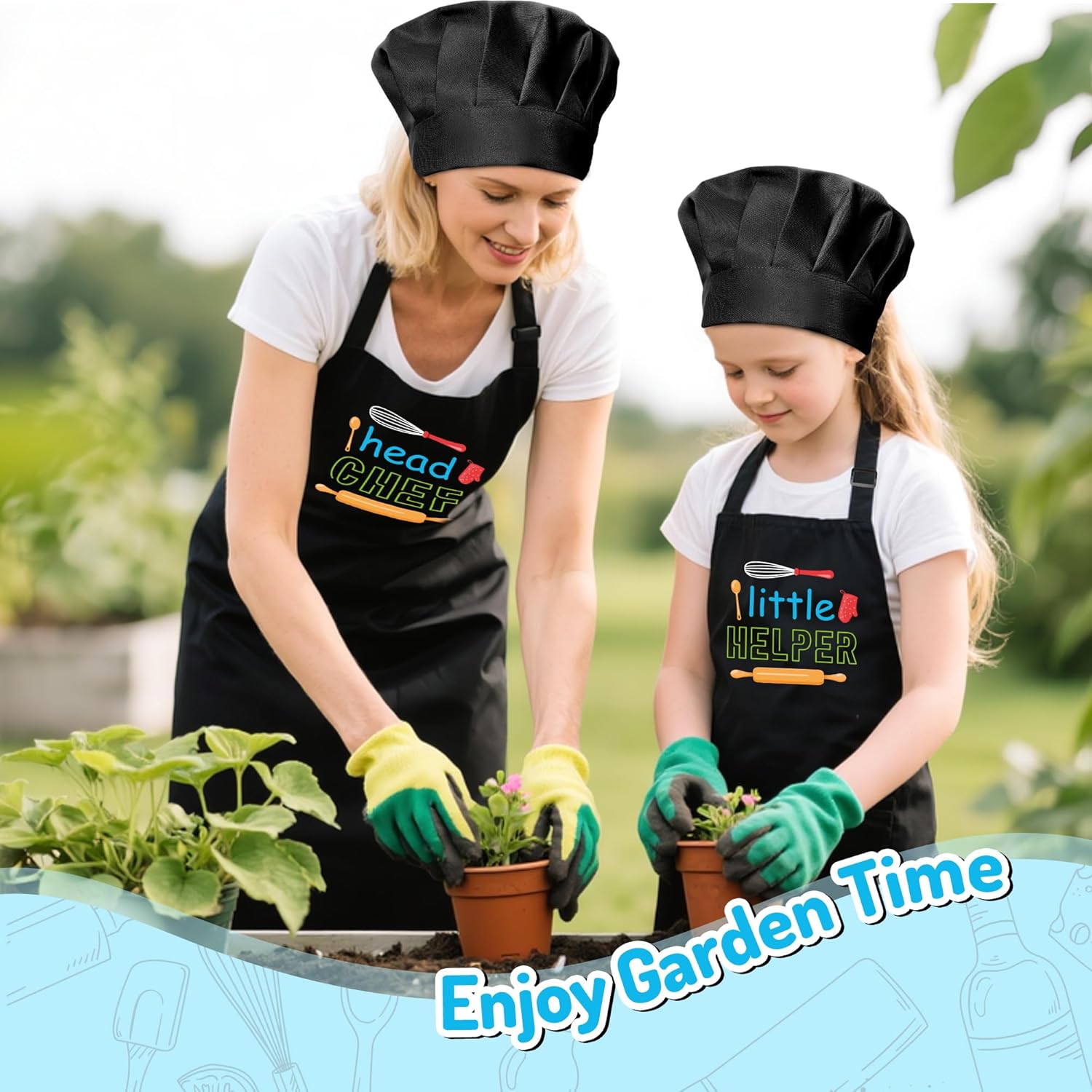 R HORSE Adult Kid Apron and Chef Hat Set - 4Pcs Parent Child Adjustable Kitchen Apron Hat Kid Role Play Chef Toy Cooking Gift - Image 6