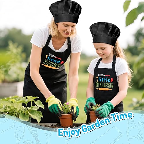 Miniatura 6 de R HORSE Juego de delantal y sombrero de chef para adultos, 4 piezas, delantal de cocina ajustable para padres y niños, juego de rol, juguete de