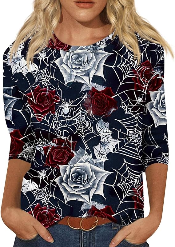 Cute Funny Halloween Shirts for Women Plus Size 3/4 Length Long Sleeve Womens Tops Witch Gothic Renaissance Shirt