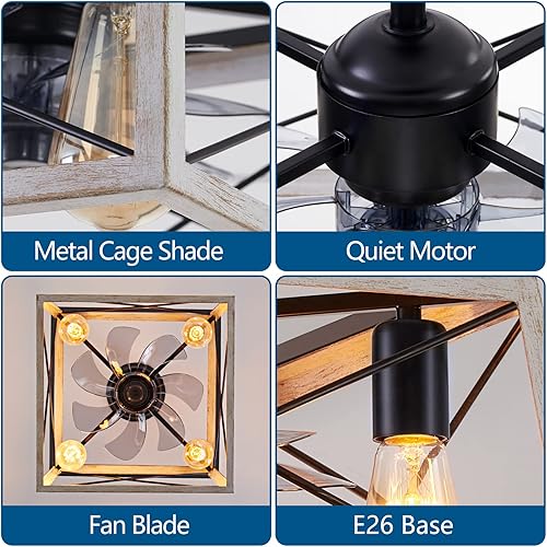 Miniatura 3 de Dalouguan Ventilador de techo enjaulado con luz, ventilador de techo sin aspas de 4 luces con luces y control remoto, ventilador de techo rústico