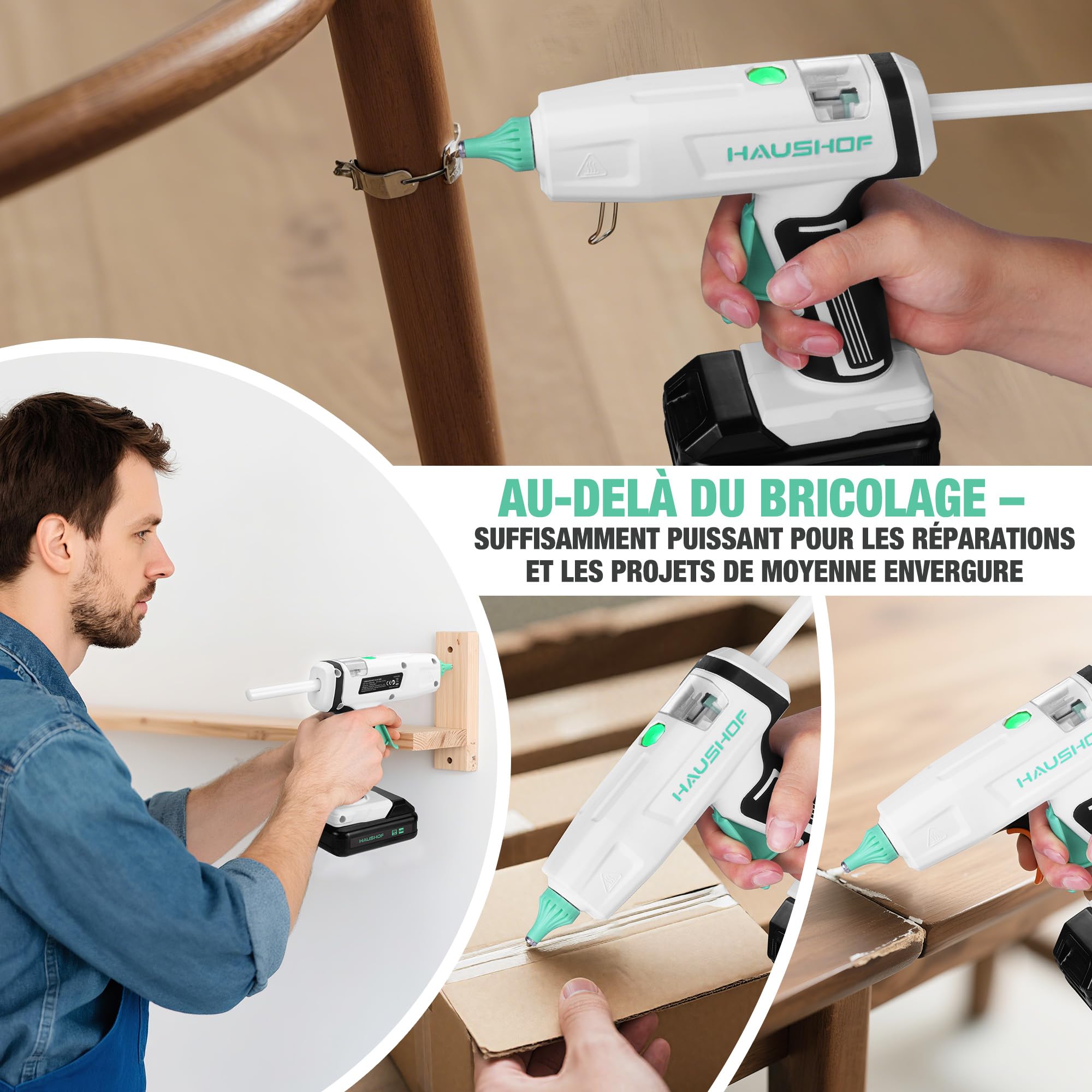 HAUSHOF Pistolet à Colle Chaude Sans Fil 20 V avec Batterie et Chargeur | 20 Bâtons de Colle 11×150 mm, Arrêt Automatique, Chauffage Rapide pour Bricolage, Artisanat et Réparations Rapides