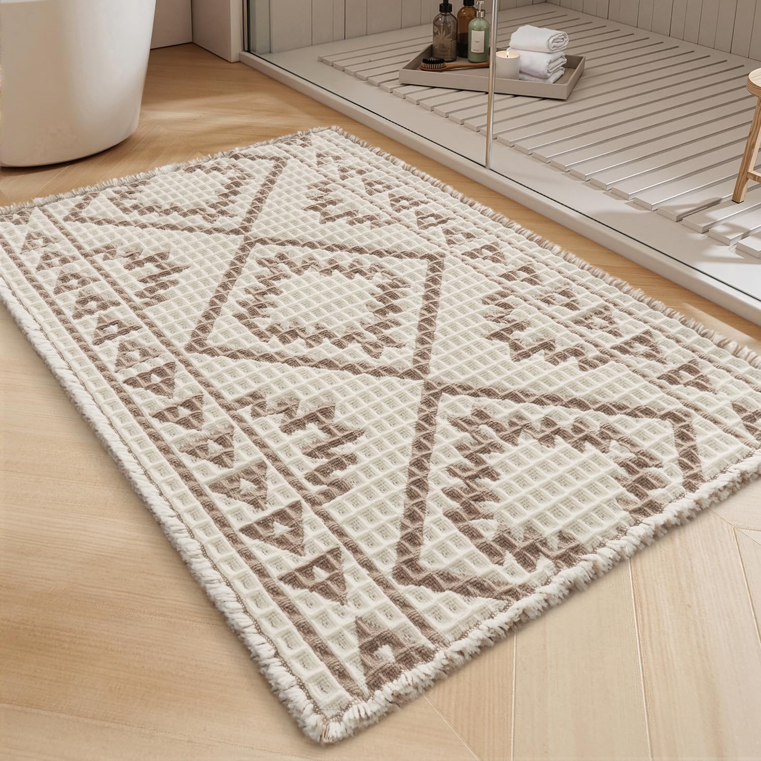 PADOOR-24 x36 Waffle Bath Mat Super Absorbent-Non Slip Bath Mats for Bathroom, Machine Washable Bathroom Rug with Tassels, Soft Bathroom Mat in Front of Shower,Bathtub, Cream & Brown, 2'x 3'