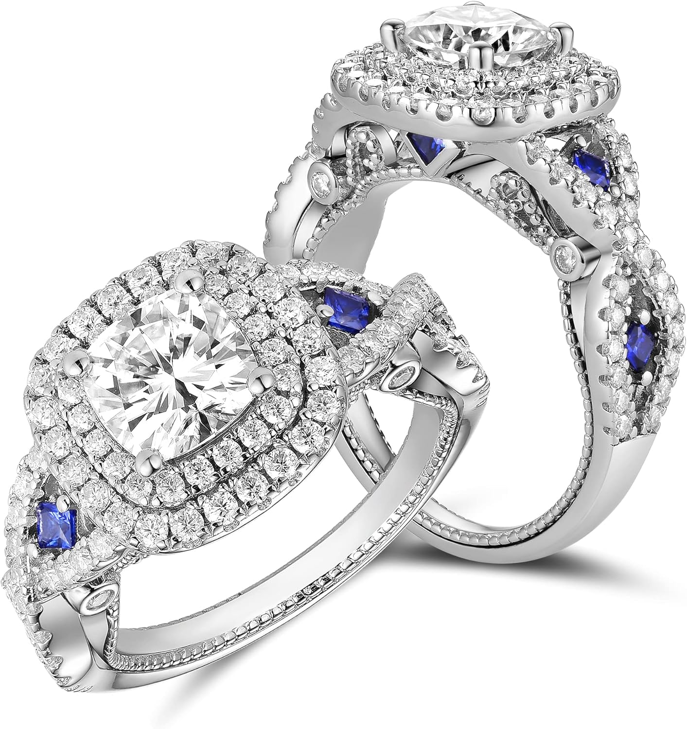 DovEggs Moissanite Engagement Rings for Women 2.82ctw Total 7X7mm FGH Color Cushion Cut Moissanite Vintage Wedding Ring Double Halo Blue Sapphire Sterling Silver with 18K White Gold Plated