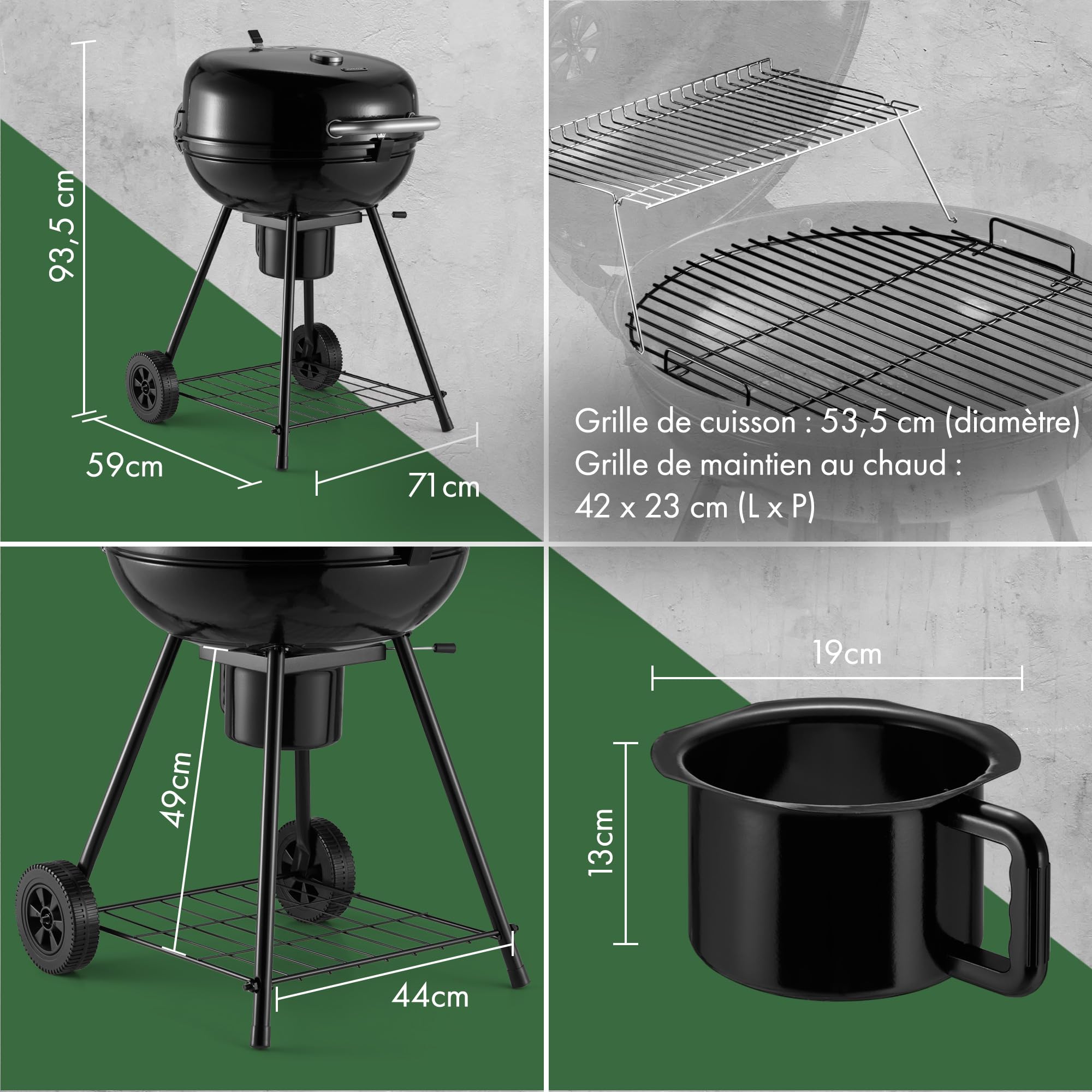 VonHaus Barbecue au Charbon 22.5" – Barbecue Portable avec Grille de Maintien au Chaud, Thermomètre, Étagère, Roues, Couvercle Verrouillable, Bac à Cendres et Grande Grille pour Viande et Légumes