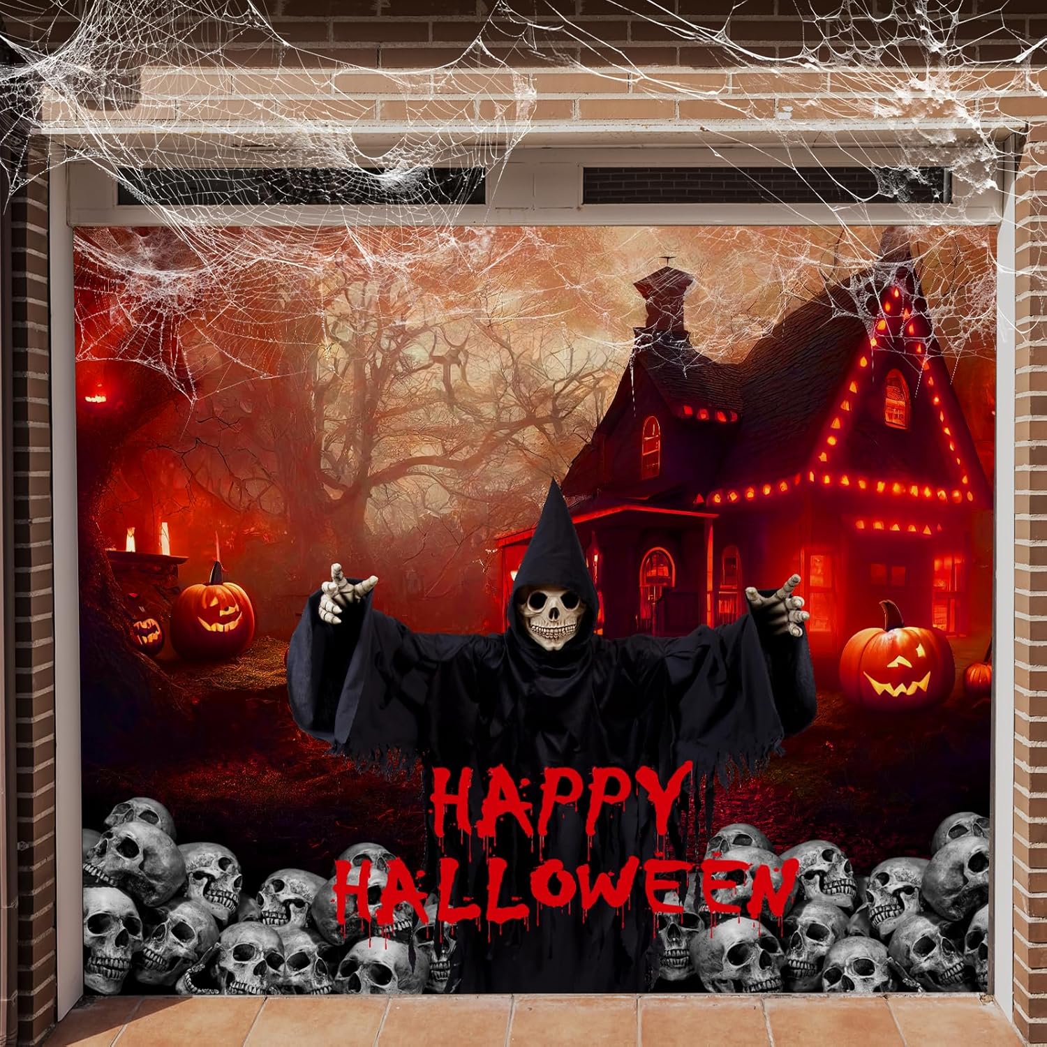 Halloween Garage Door Banner - Skeleton Single Door Cover Mural 7x8 - Indoor Outdoor Haunted House Decor