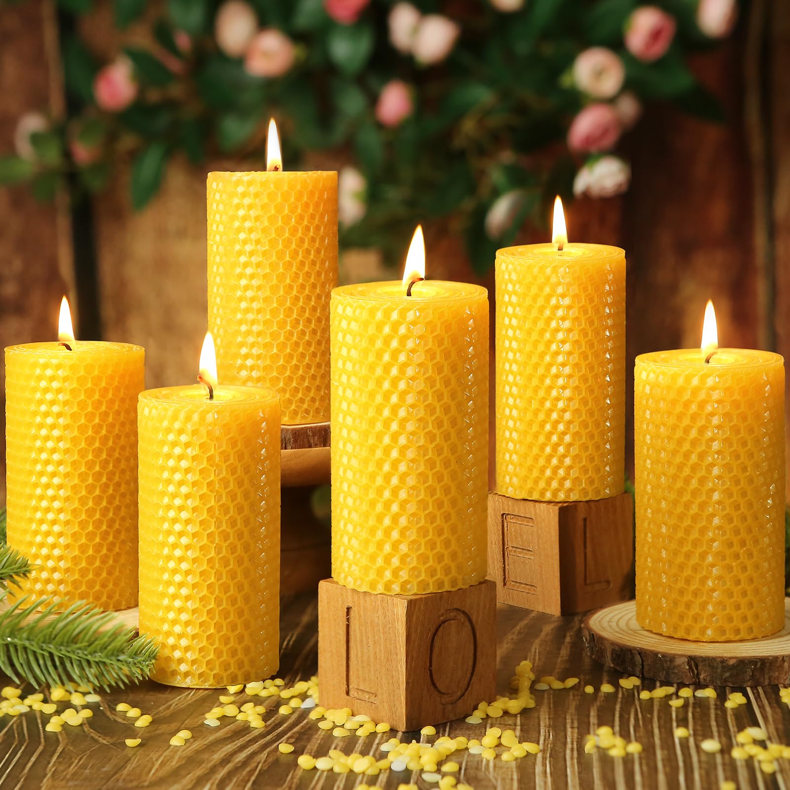 Beeswax Pillar Candles,Non-Toxic Honeycomb Bees Wax Candle for Home,Yellow