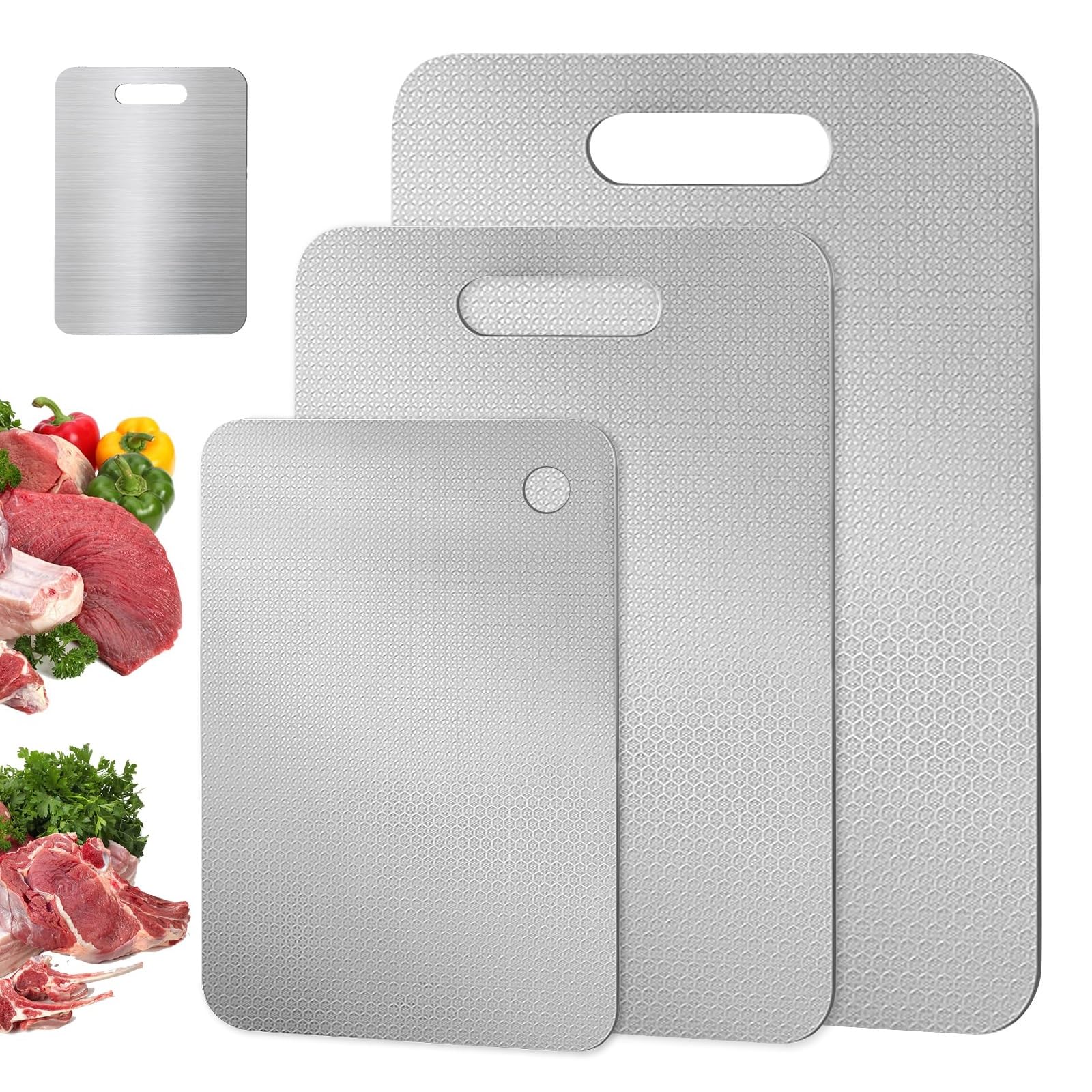 GOMETY Set di 3 taglieri acciaio inox 316, tagliere acciaio inox alimentare doppia faccia, resistente ai graffi, tagliere da cucina acciaio inox antiscivolo, durevole e tagliere acciaio inox senza BPA