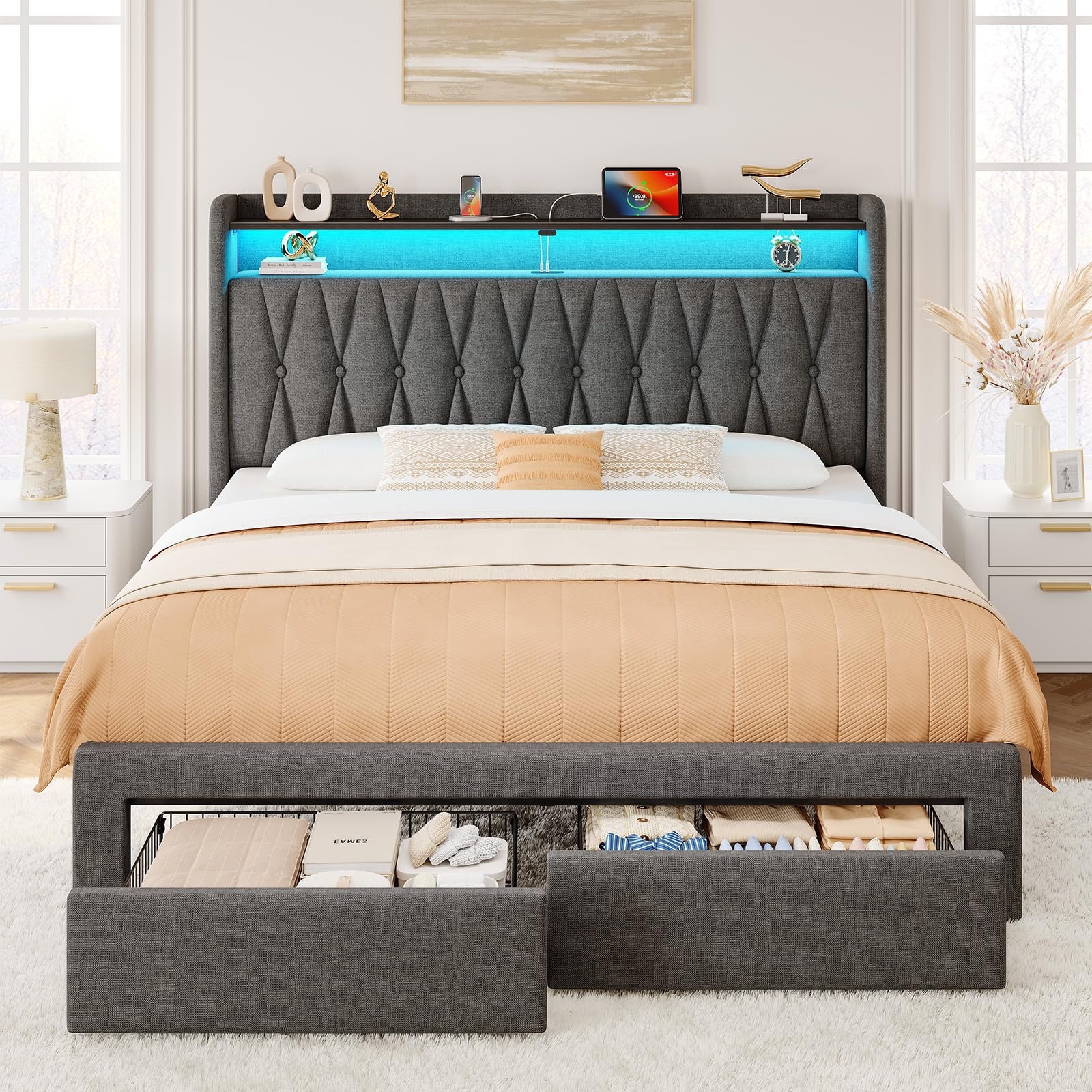 rolanstar full bed frame with drawers, storage headboard with charging station and led lights, upholstered bed with heavy duty wood slats, no box spring needed, noise free, easy assembly, dark grey