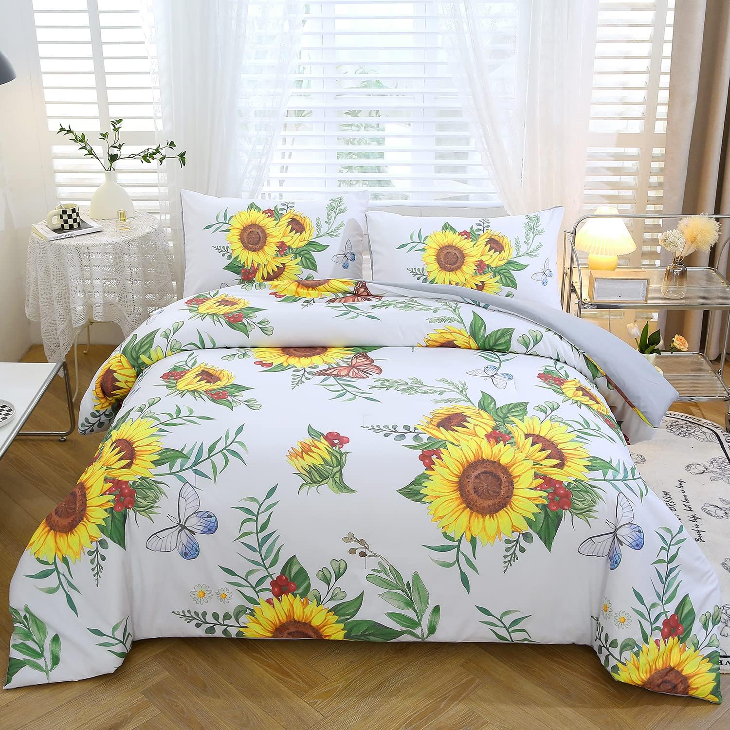ZRNBAST 3 Pcs Sunflower Comforter Set Queen Size Butterfly