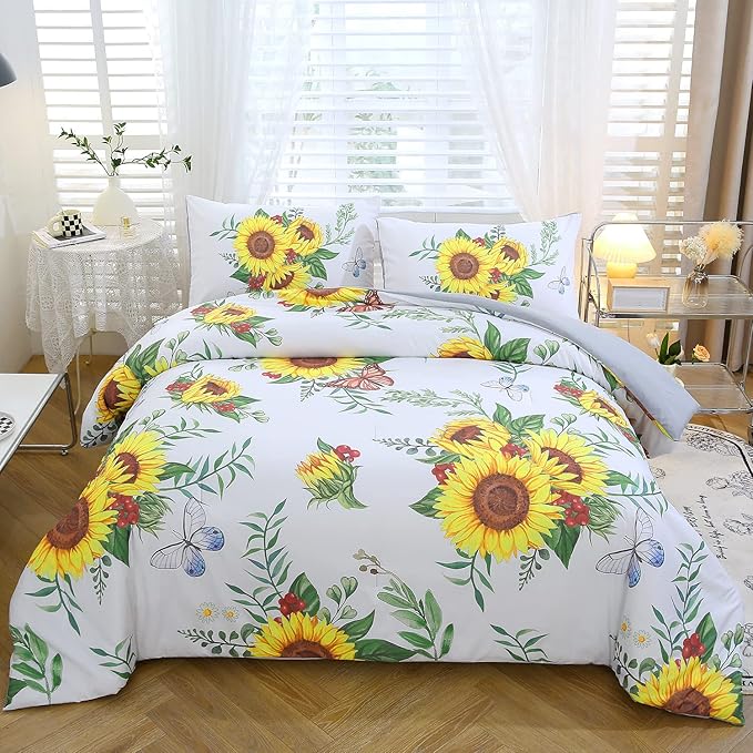 ZRNBAST 3 Pcs Sunflower Comforter Set Queen Size Butterfly