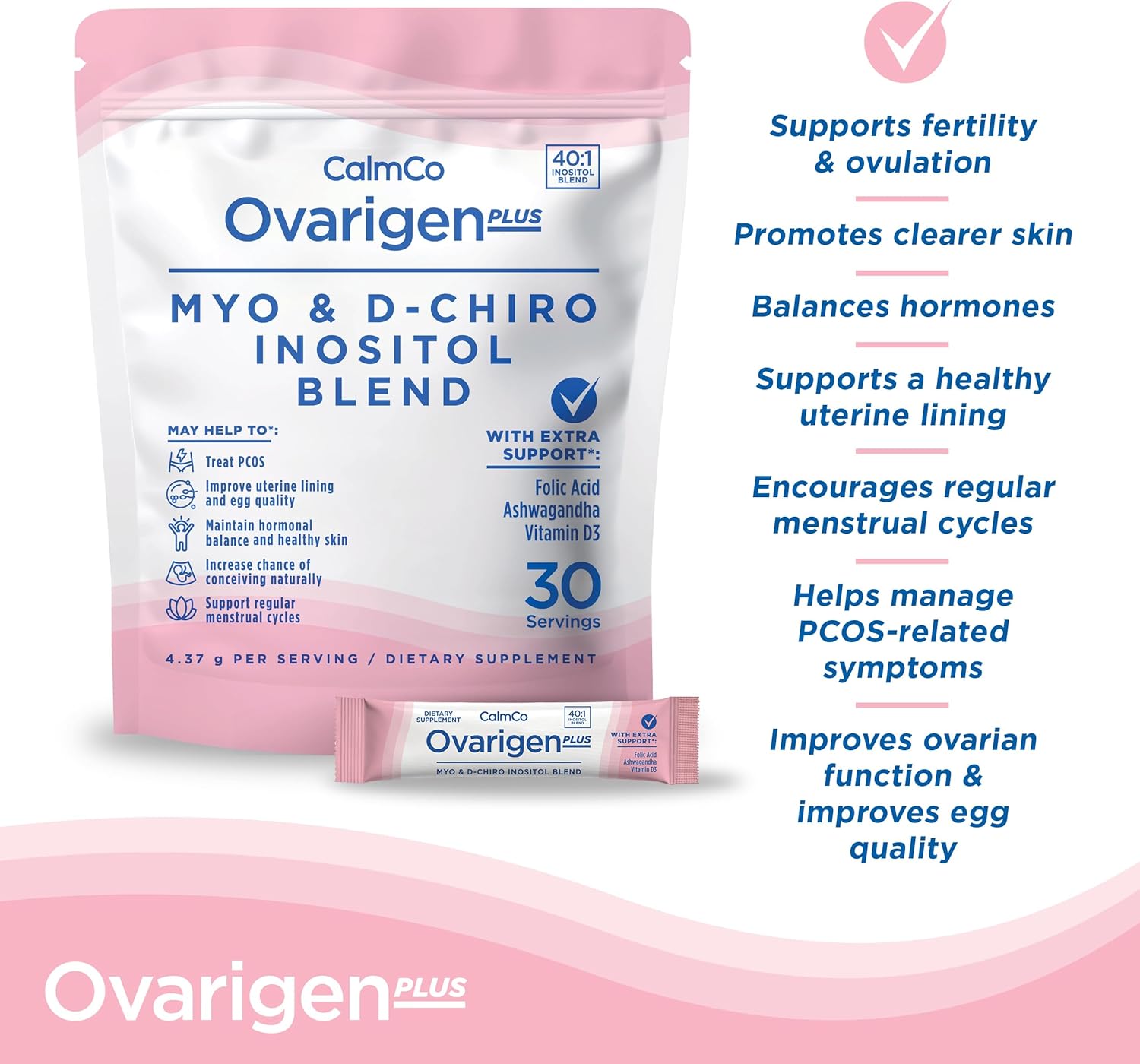 CalmCo Ovarigen Plus Myo-Inositol & D-Chiro Inositol Supplement for Women – 40:1 Powder with Folic Acid, Ashwagandha & Vitamin D3, Fertility Supplements for PCOS, Ovarian Support (30 Sachets)