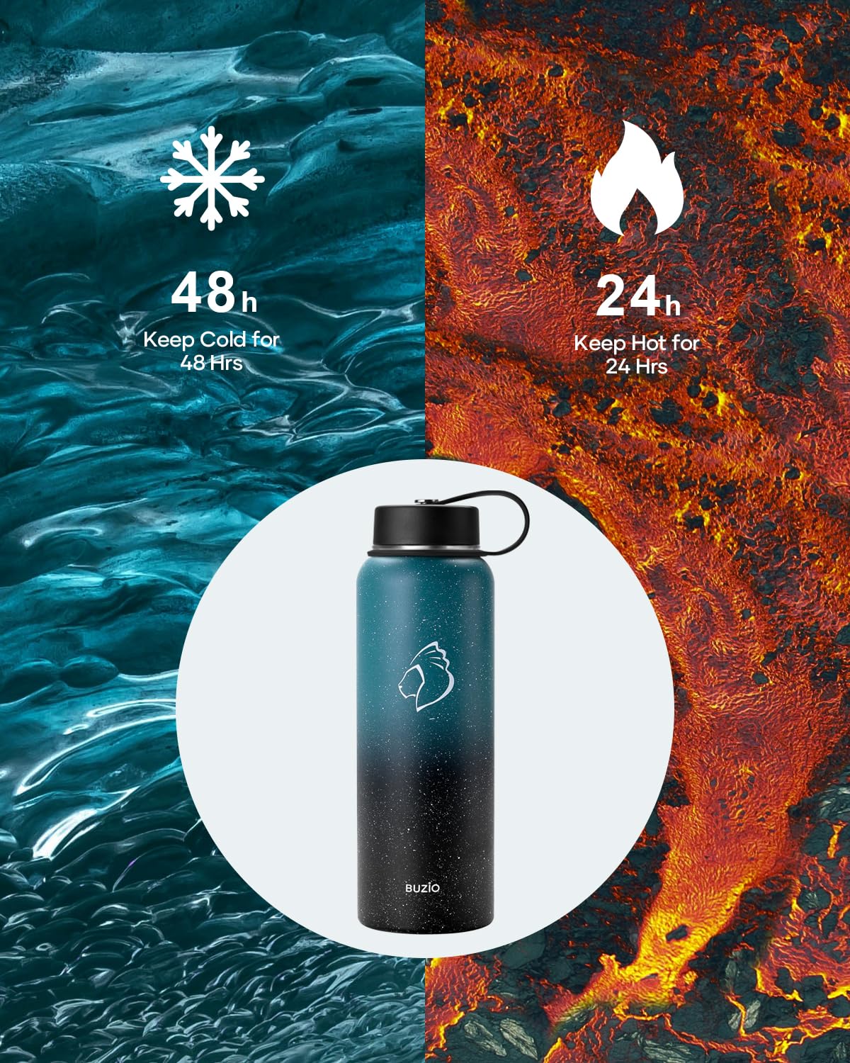 Stainless Steel Water Bottle with Straw, BUZIO Insulated Water Bottle with Straw Lid and Flex Cap 1180 ml Cold for 48 Hrs - Image 2