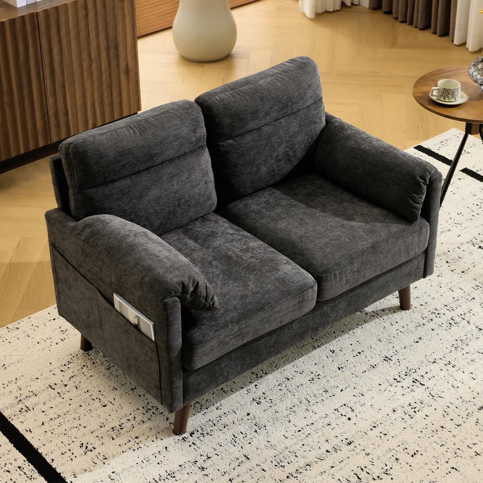 Bonnlo Sofa 2 Sitzer klein, 125cm Couch mini, Kleine Stoffcouch mit weichen Armlehnen, Kleines Sofa für Büro, Wohnzimmer, Schlafzimmer und Arbeitszimmer,Einfache Montage, Leinen (Dunkelgrau)