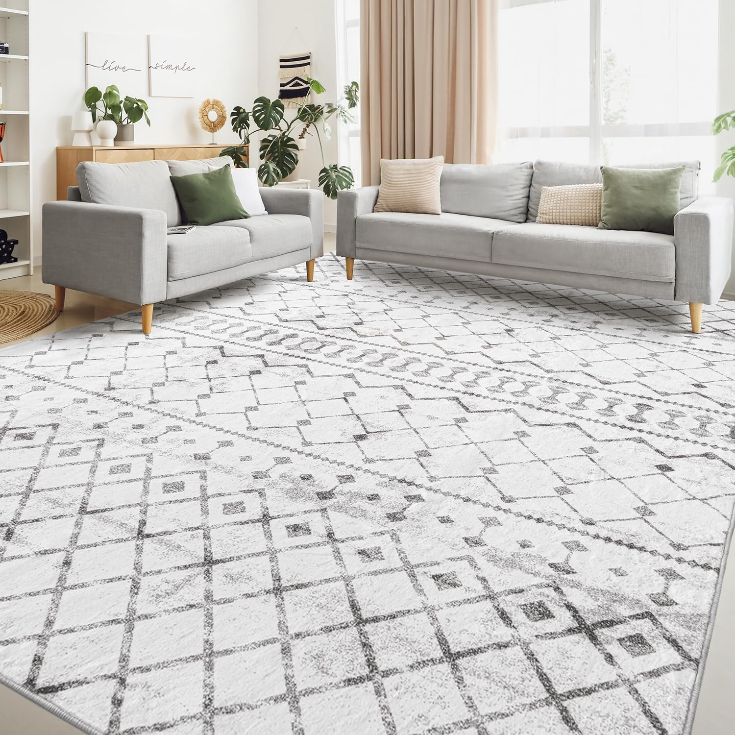 Lessymo 8 x 10 Area Rugs for Living Room, Machine Washable Rugs Neutral Faux Wool Modern Geometric Moroccan Distressed Rug with Non-Slip Rubber, Geometric Grey Geometric Grey 8' x 10' (Rectangular)