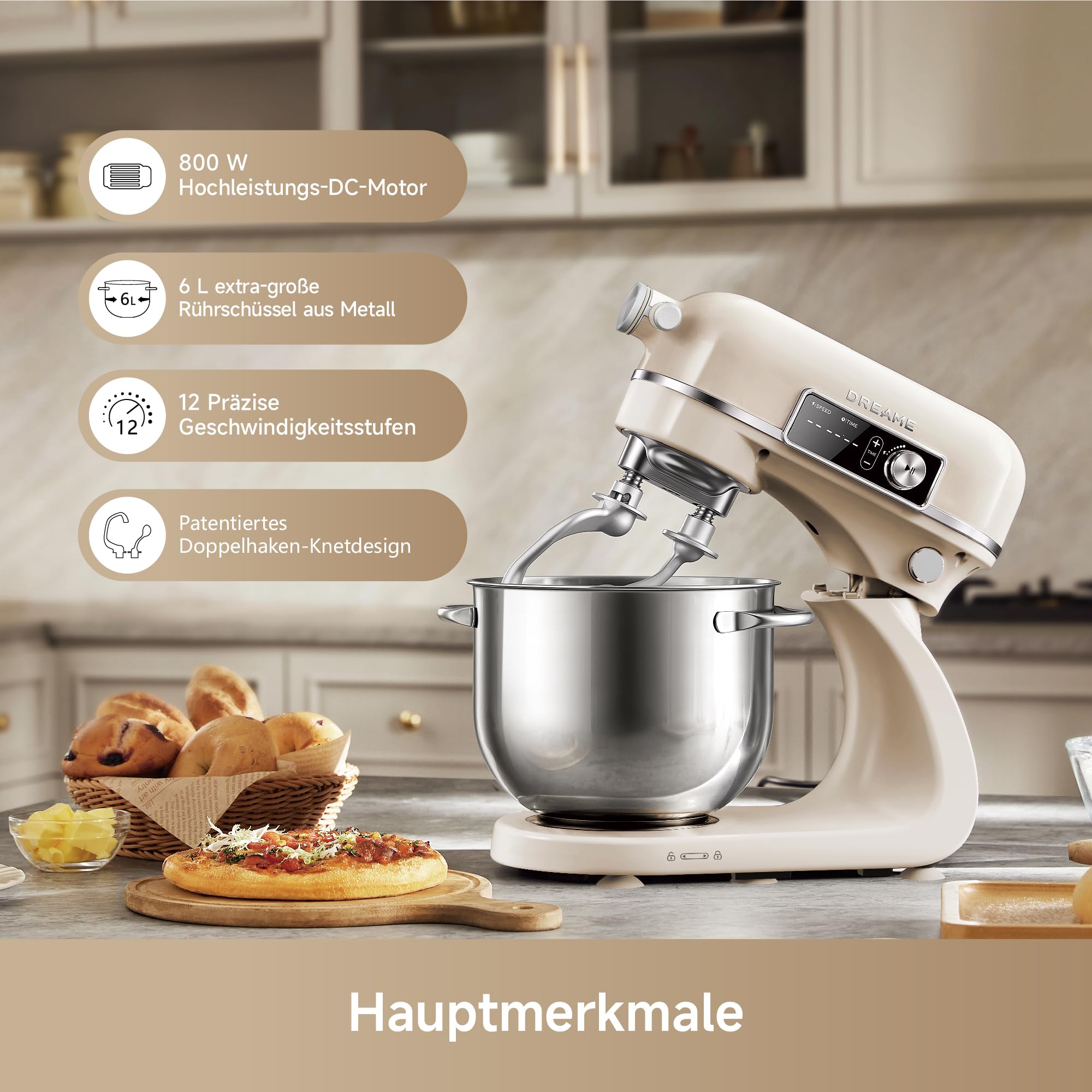 Dreame BioKnead™ Küchenmaschine mit Rührschüssel. Patentierter Doppelknethaken und leiser 800-W-DC-Motor für 6-L-Schüssel. Digitales Display, 12 Geschwindigkeiten