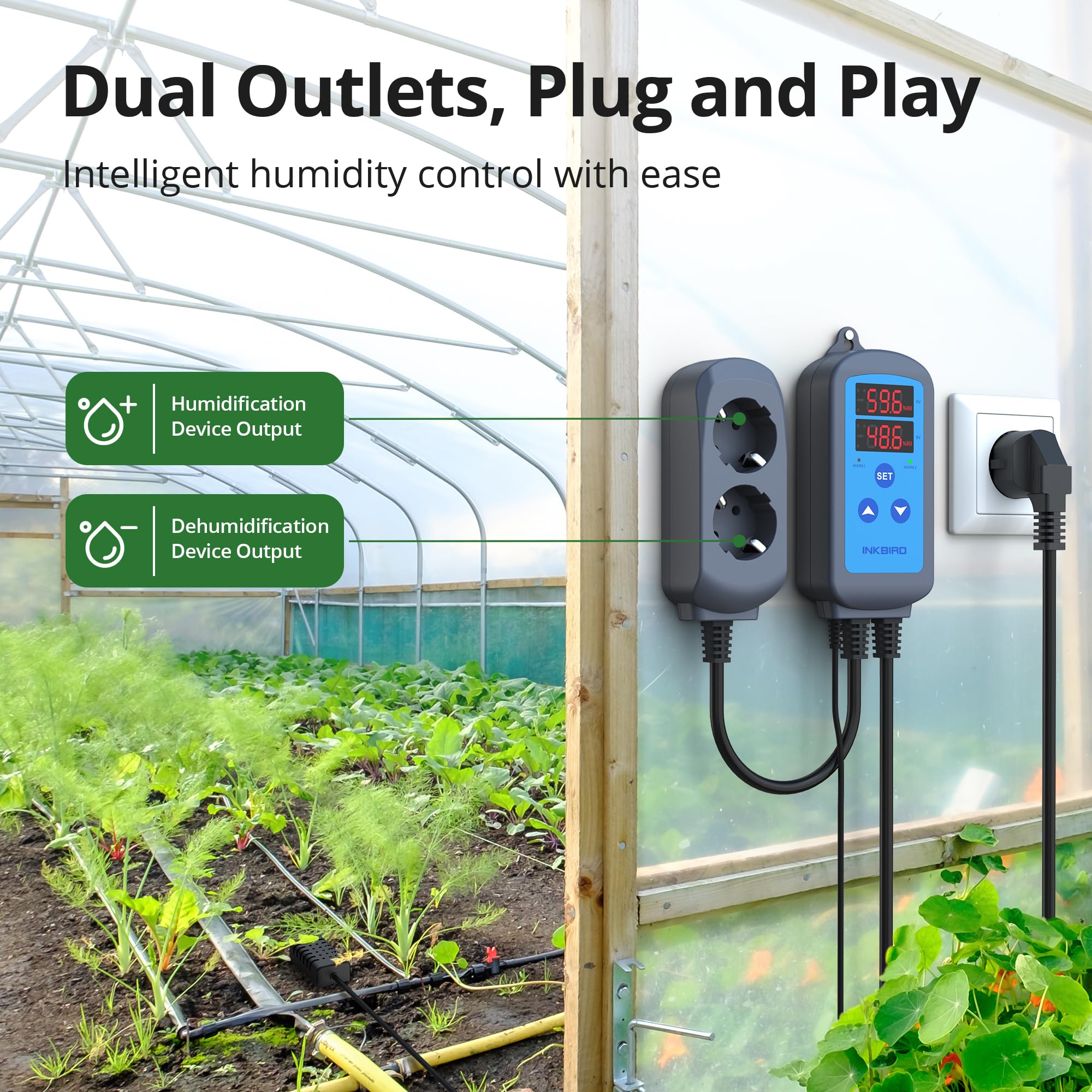 Inkbird Regulador de humedad Salida de relé dual, IHC-200 Higrómetro Higrostato 220 V Juego y enchufe, para invernadero de hongos Terrario Reptiles