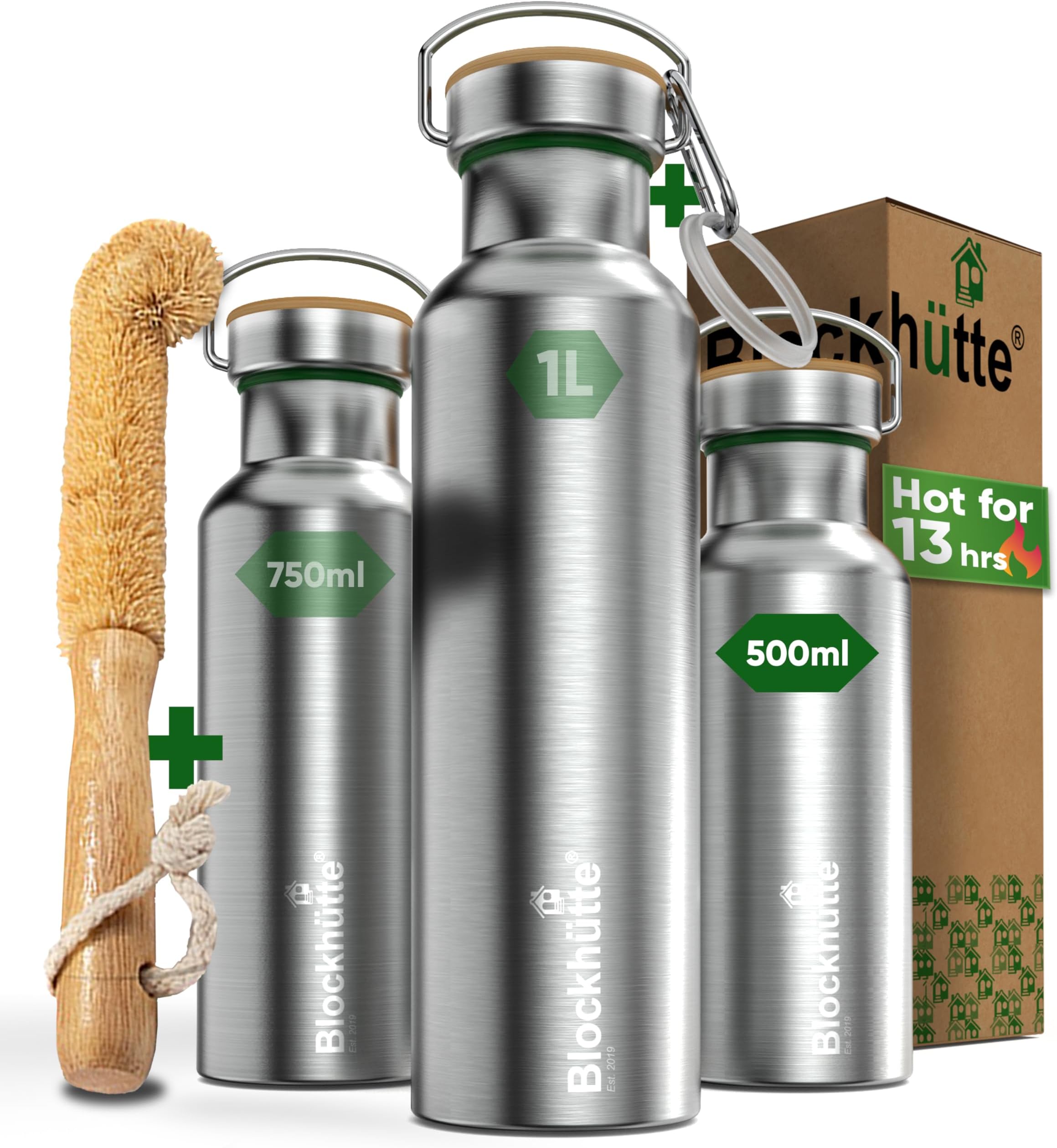 Blockhuette Personalised Water Bottle Steel 1L I incl Cleaning Brush, BPA Free, Insulated Travel Flask for 13h Hot, 15h Cold Drinks, Gym, Kids, Boys, Girls - Reusable, Leakproof Flask